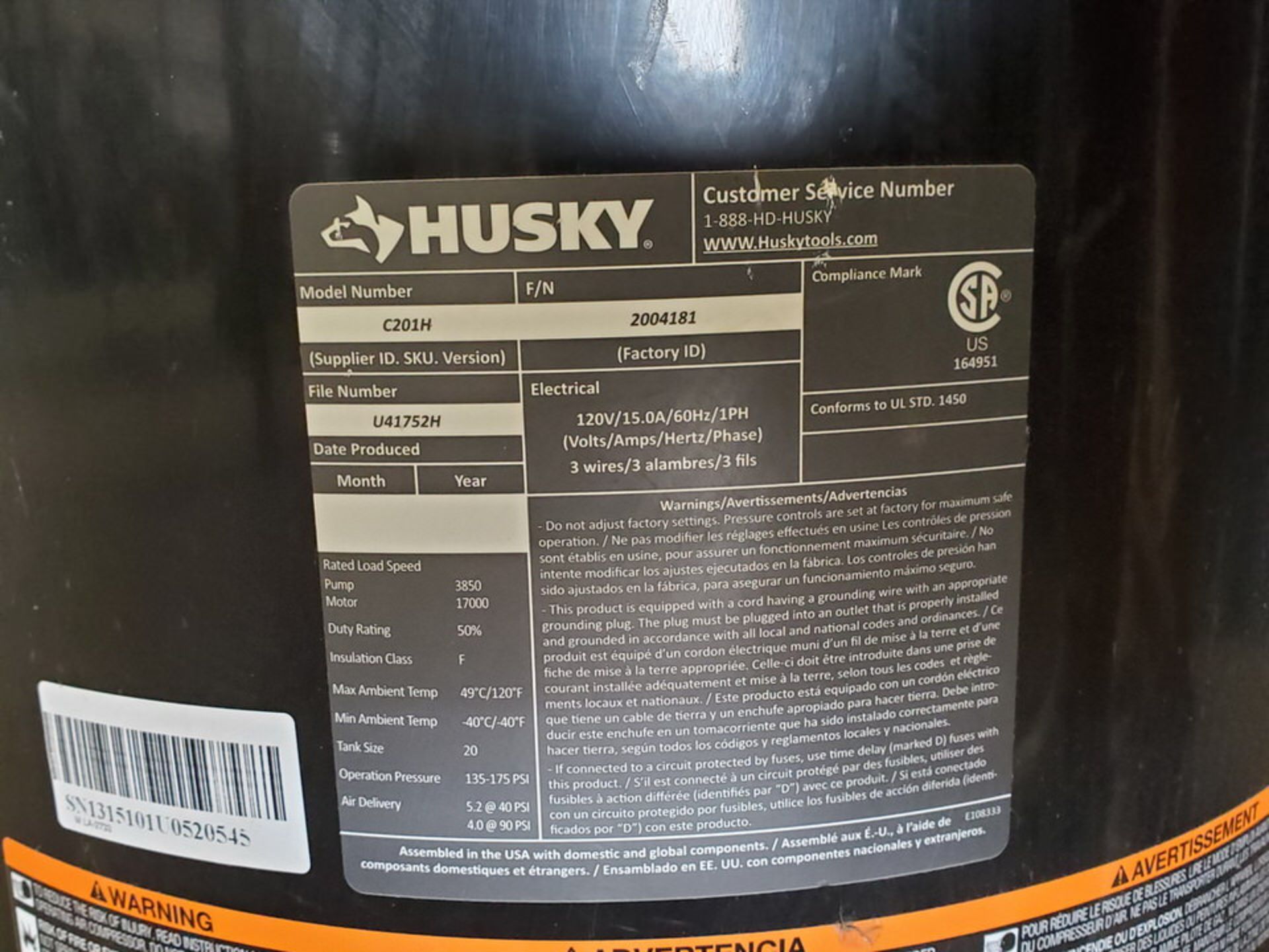 Husky C201H Portable Air Compressor 175psi - Image 5 of 5