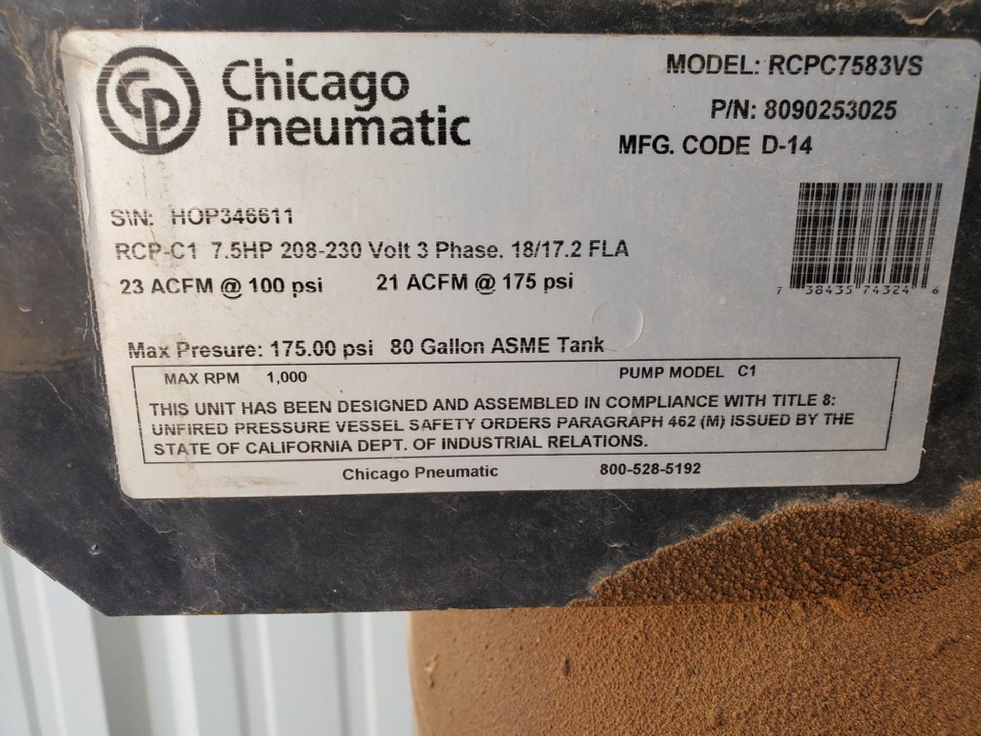 CP RCPC7583VS Air Compressor 208-230V, 18/17.2 FLA, 3PH, 7.5HP - Image 4 of 4