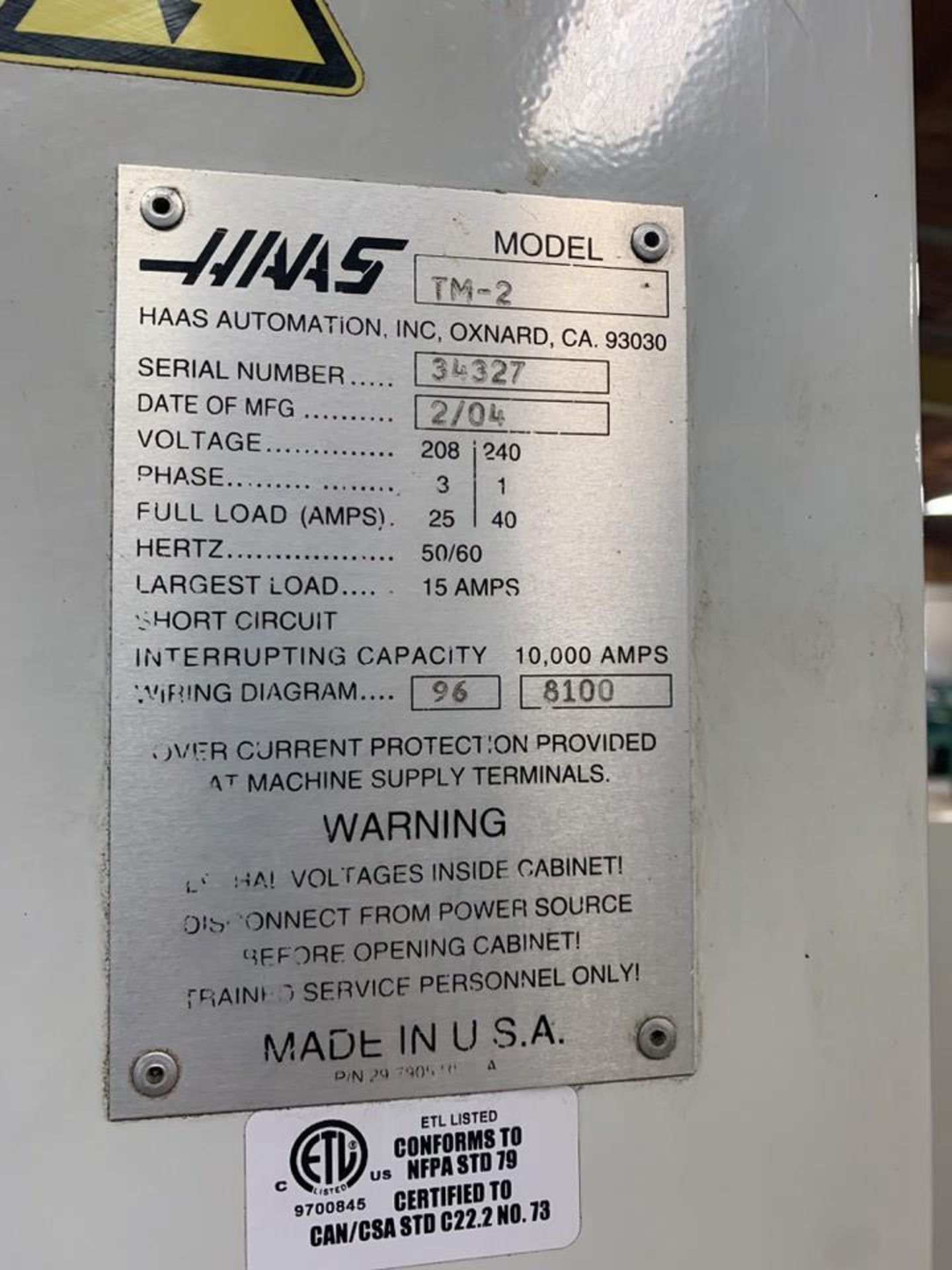 2004 HAAS TM-2 CNC TOOL ROOM MILL, HAAS CNC CONTROL, 20 TOOL ATC, HAAS 4TH AXIS, 10" X 58" TABLE - Image 7 of 10