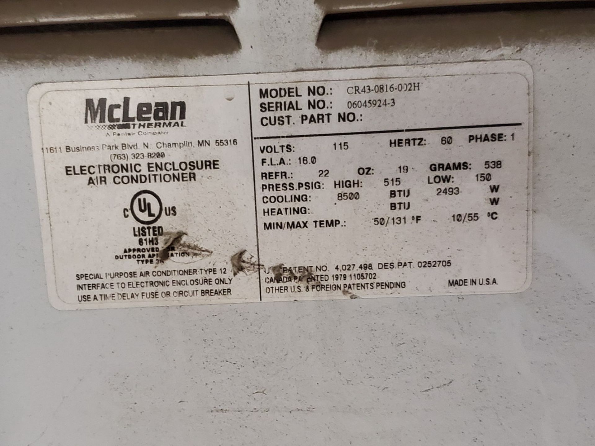 McLean CR43-0816-002H Ele Enclosure Air Conditioner 115V, 60HZ, 1PH, 16F.L.A., Min/Max: 50/131F, 16" - Image 6 of 6