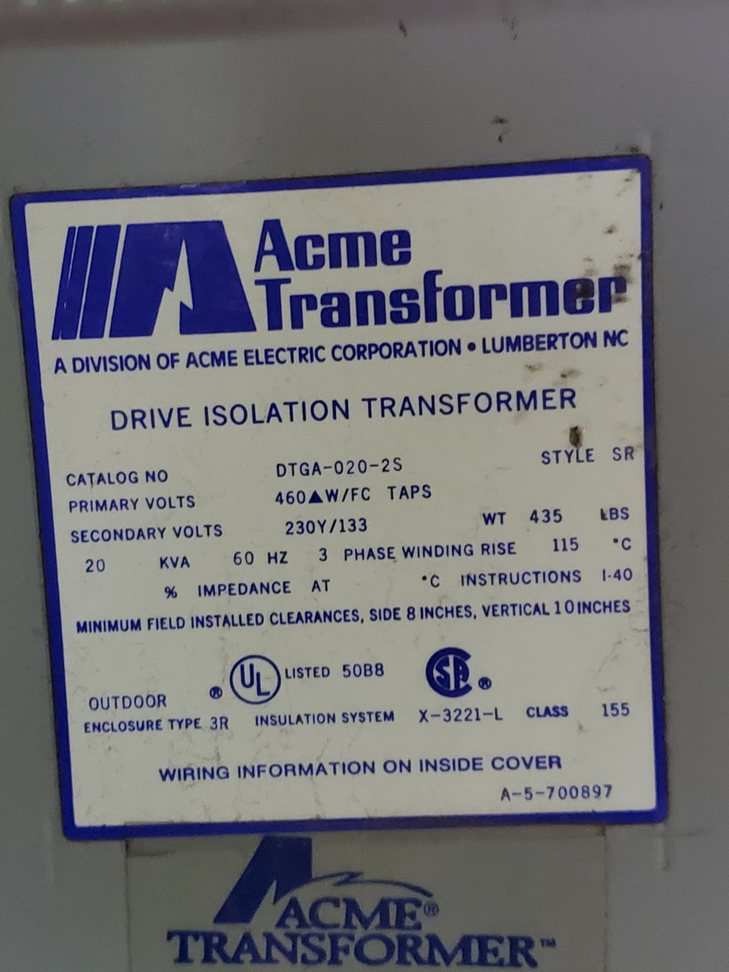 Acme Drive Isolation Transformer 460V, 20KVA, 60HZ, 3PH (Location: 1804 Jack McKay Blvd, Ennis TX - Image 6 of 6