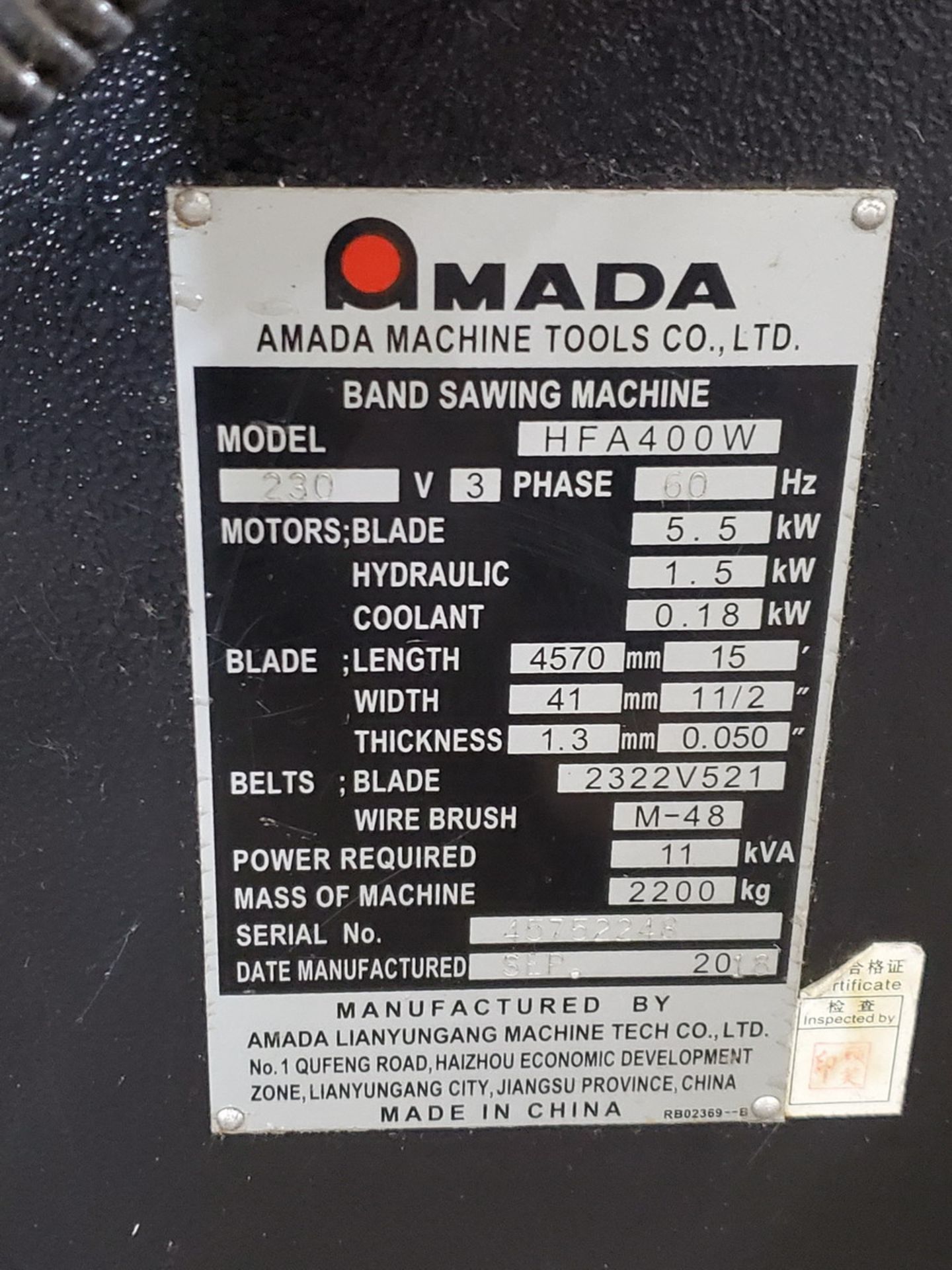 2018 Amada HFA 400W Horizontal Band Saw 230V, 3PH, 60HZ; Blade Length: 15'; Table Conveyor: 10' x - Image 13 of 13