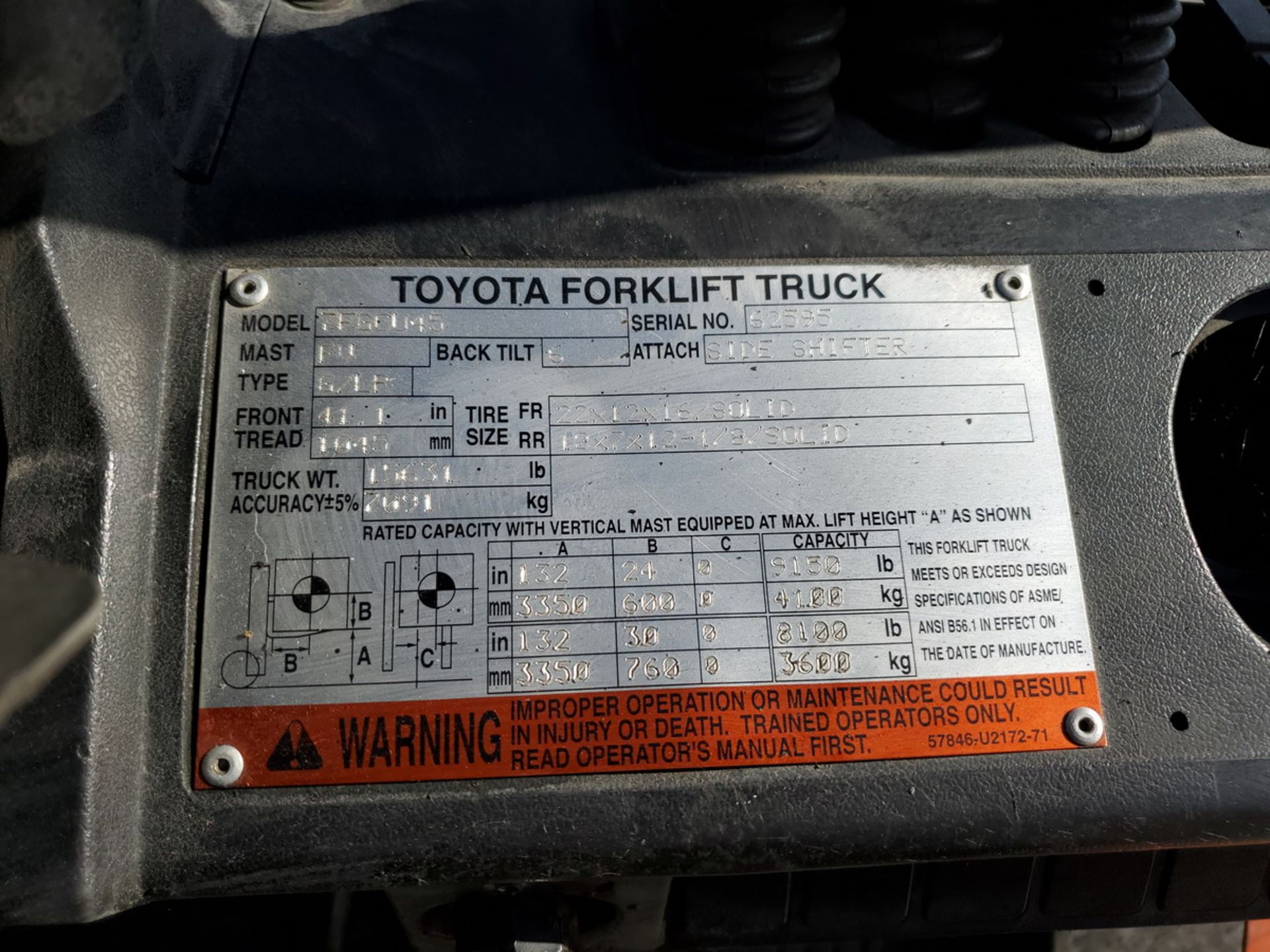 Toyota Forklift W/ Side Shift, 2-Stage Mast, 9, 150 Cap., 132" Max Lift Ht.; 60" Forks; 5, 760hrs - Image 9 of 9