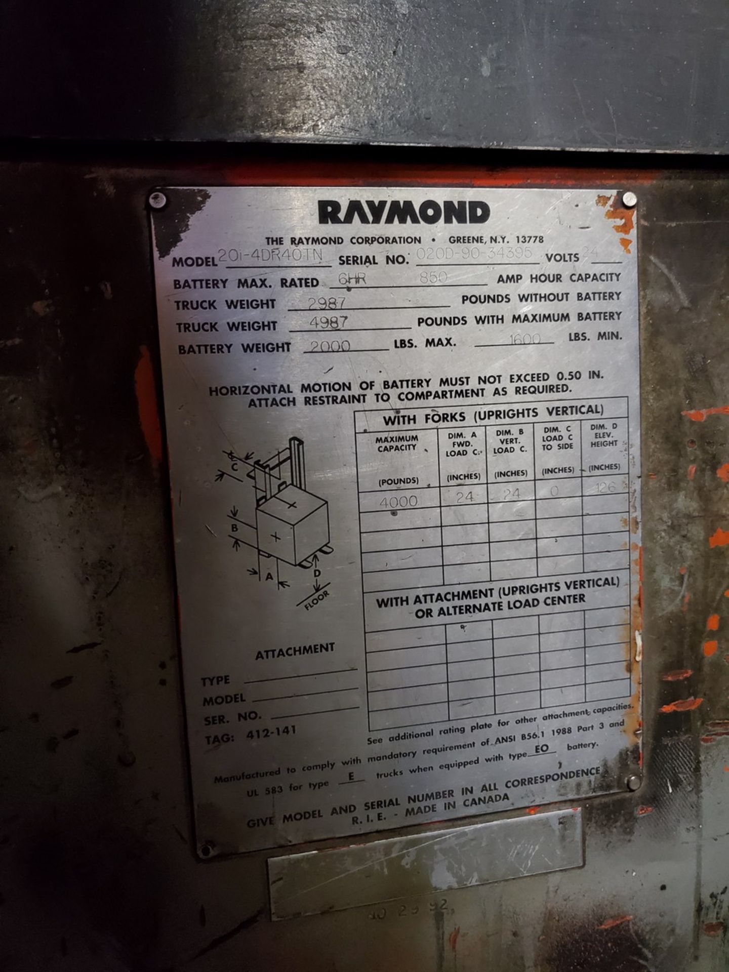 Raymond 20I-4DR40TN Forklift Reach Truck 24V, 126" Max Lift Ht.; 6hr Rate, 4K Cap.; 3,355hrs - Image 8 of 10