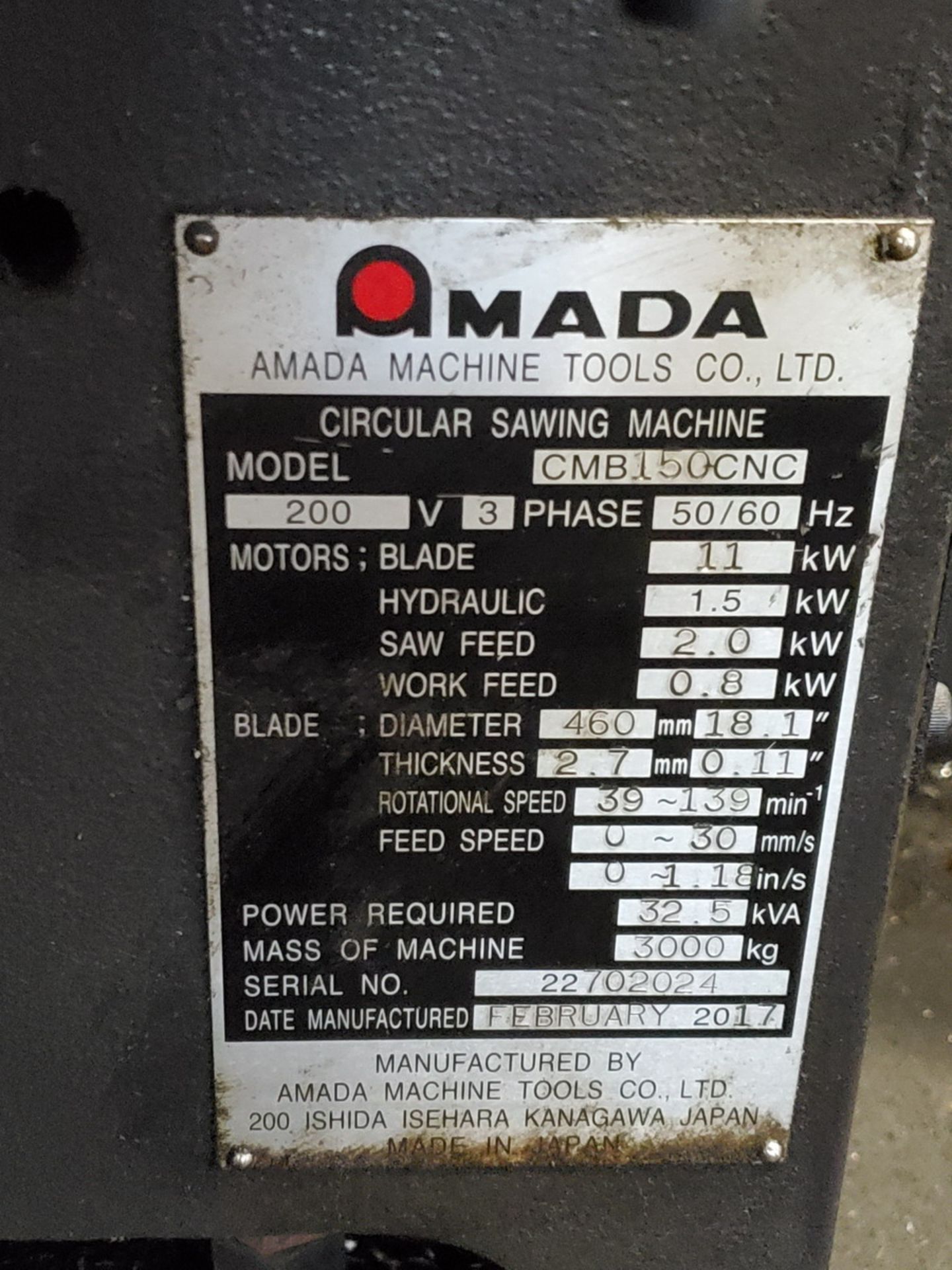 Amada CMB 150 CNC Metal Cutting Carbide Circular Saw 200V, 3PH, 50/60HZ; Blade: 18.1" Dia x .11" - Image 14 of 14