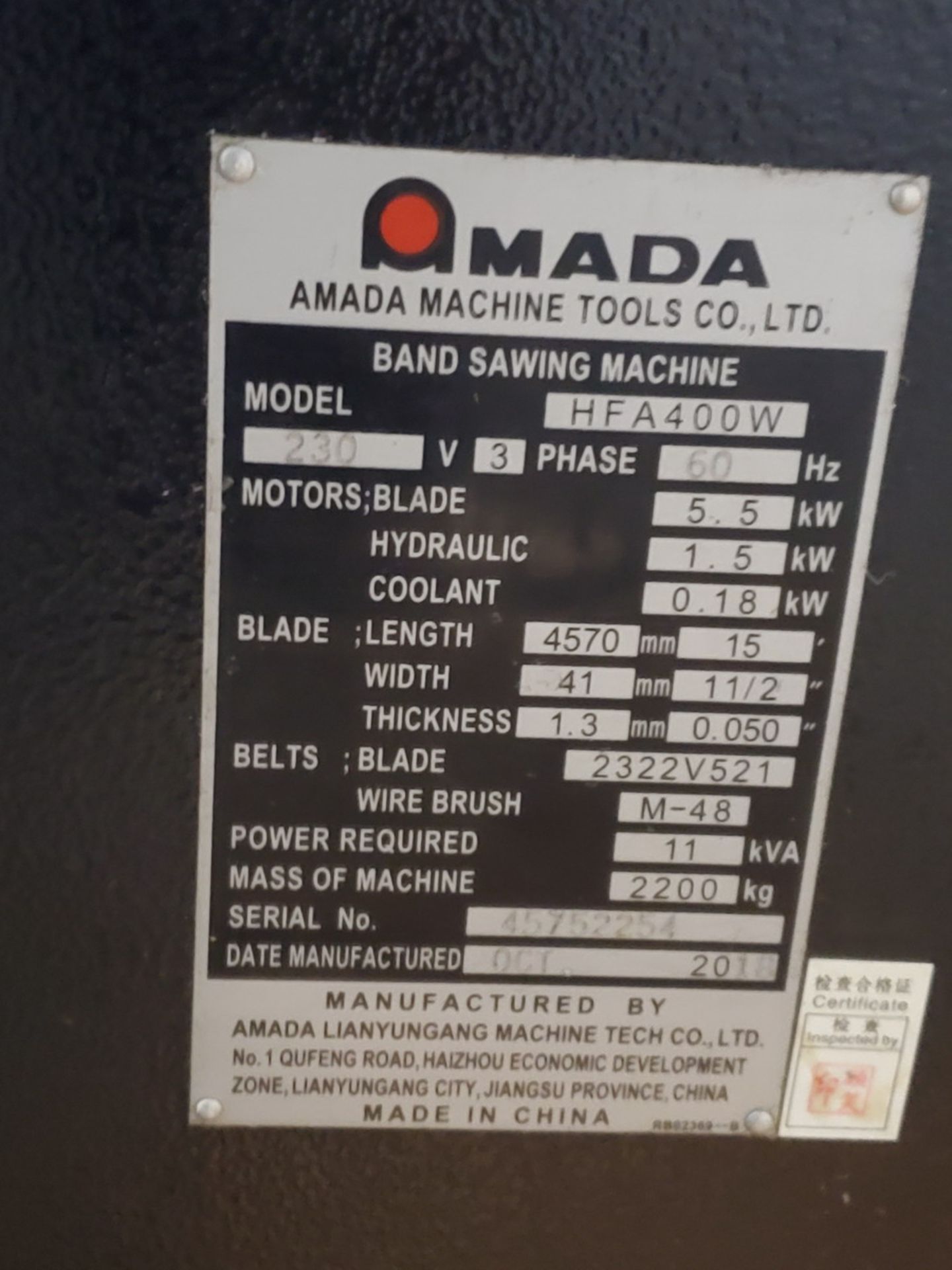 2018 Amada HFA 400W Horizontal Band Saw 230V, 3PH, 60HZ; Blade Length: 15'; Table Conveyor: 10' x - Image 17 of 17