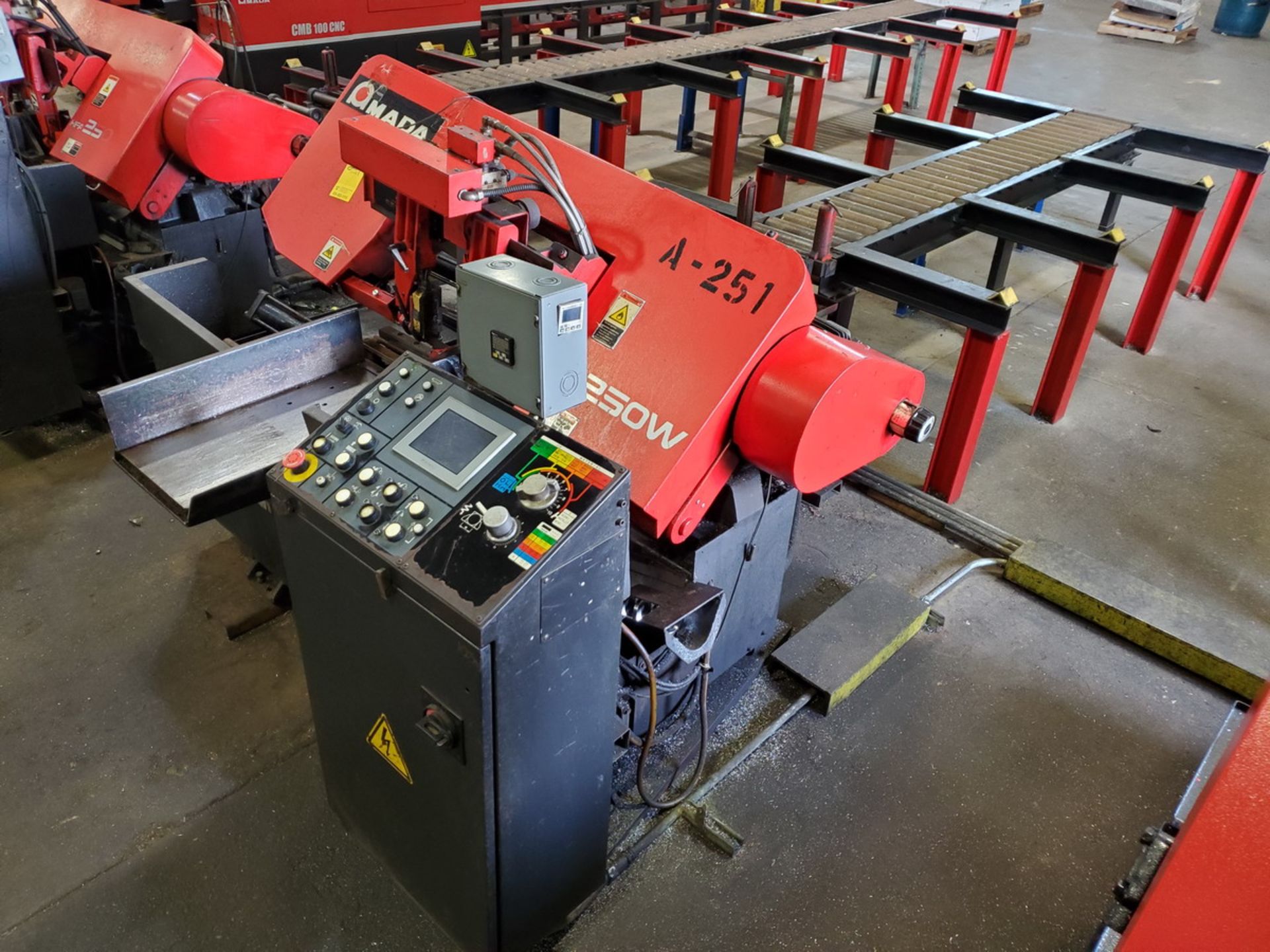 2013 Amada HFA 250W Horizontal Band Saw 230V, 3PH, 60HZ; Blade Length: 11'6"; Table Conveyor: 10'