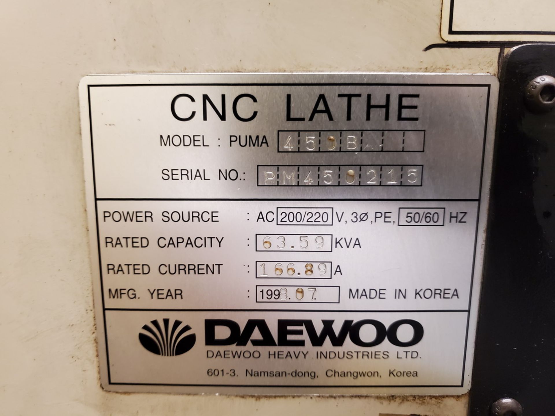 Daewoo Puma 450 NC Lathe 200/220V, 50/60HZ, 3PH, 63.59KVA, 166.89A; W/ 24" 3-Jaw Chuck; W/ Fanuc - Image 12 of 12