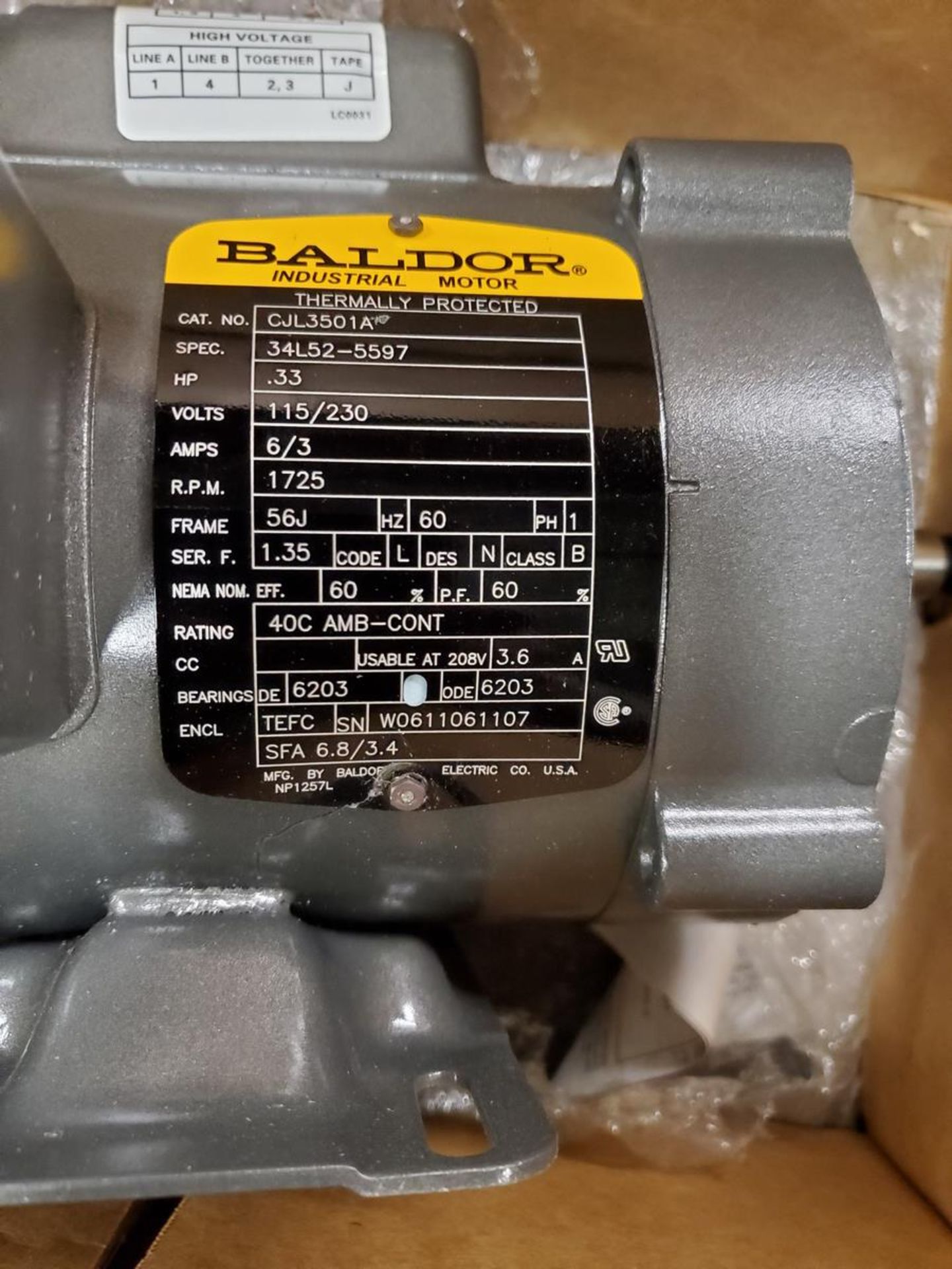 Baldor Motor .33HP, 115/230V, 1725RPM, 60HZ, Frame-56J - Image 6 of 6