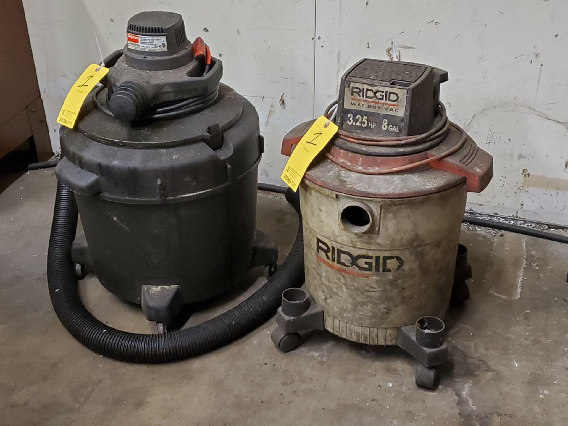 (2) Portable Wet/dry Vacs (1) Dayton, 120V, 60HZ, 11A; (1) Ridgid, 3.25HP, 8Gal - Image 3 of 3