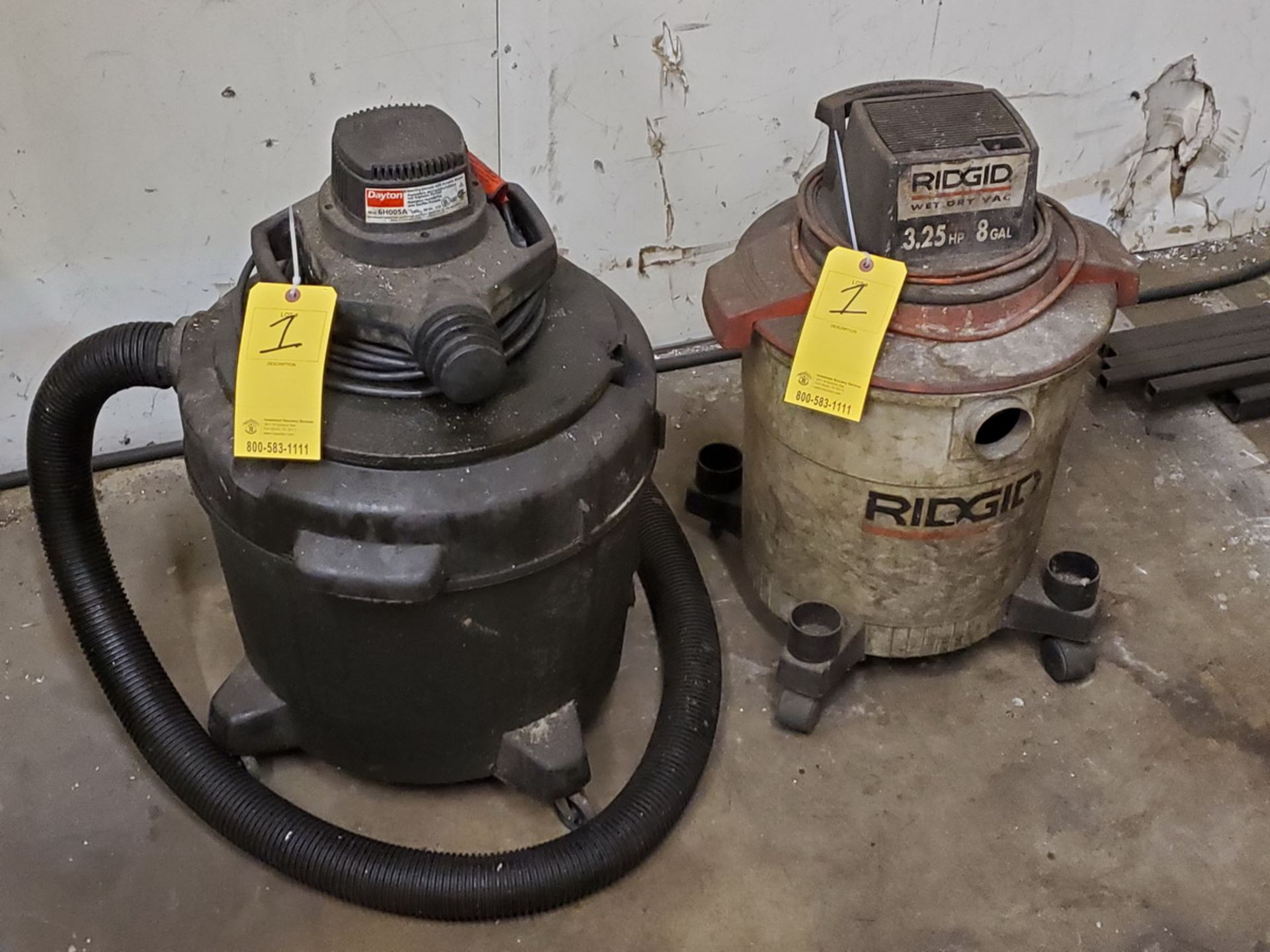 (2) Portable Wet/dry Vacs (1) Dayton, 120V, 60HZ, 11A; (1) Ridgid, 3.25HP, 8Gal - Image 2 of 3