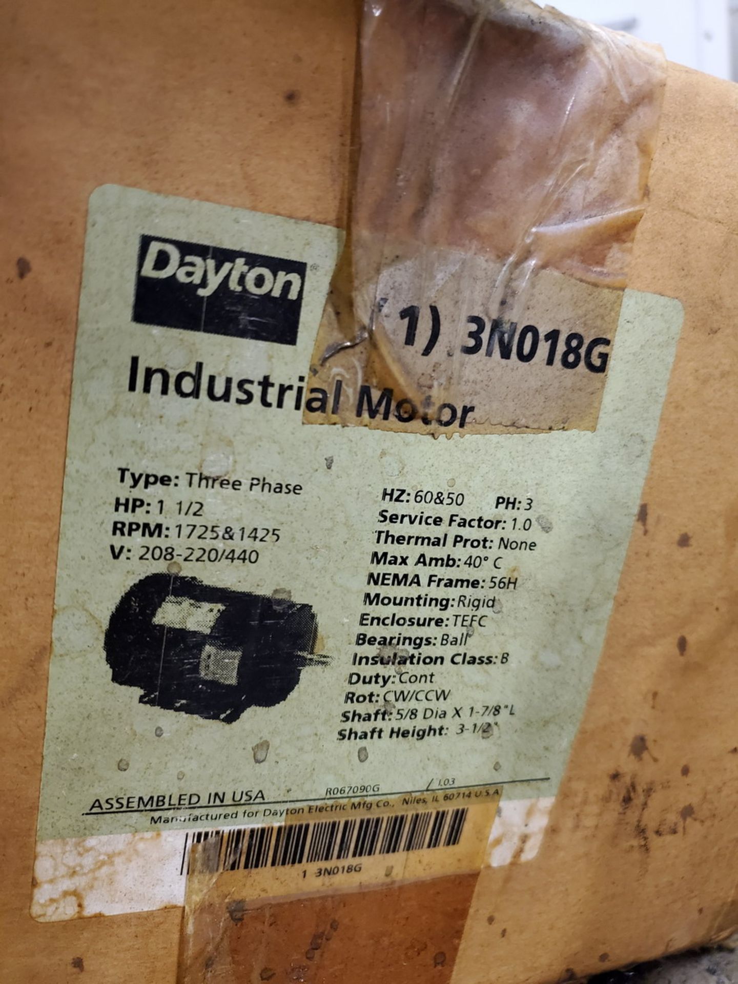 Dayton Motor 1-1/2HP, 1725/1425RPM, 208-22-/440V, 50/60HZ, 3PH - Image 5 of 5