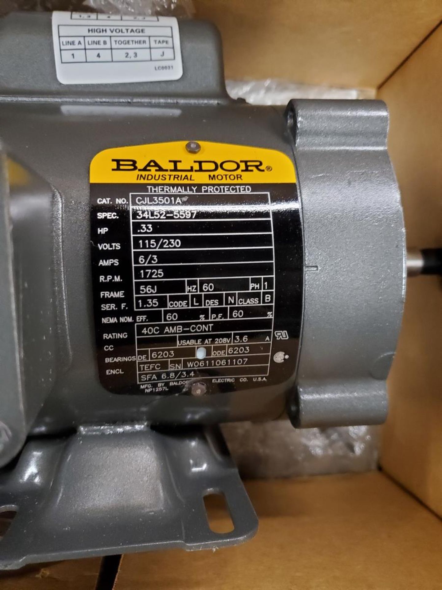 Baldor Motor .33HP, 115/230V, 1725RPM, 60HZ, Frame-56J - Image 3 of 6