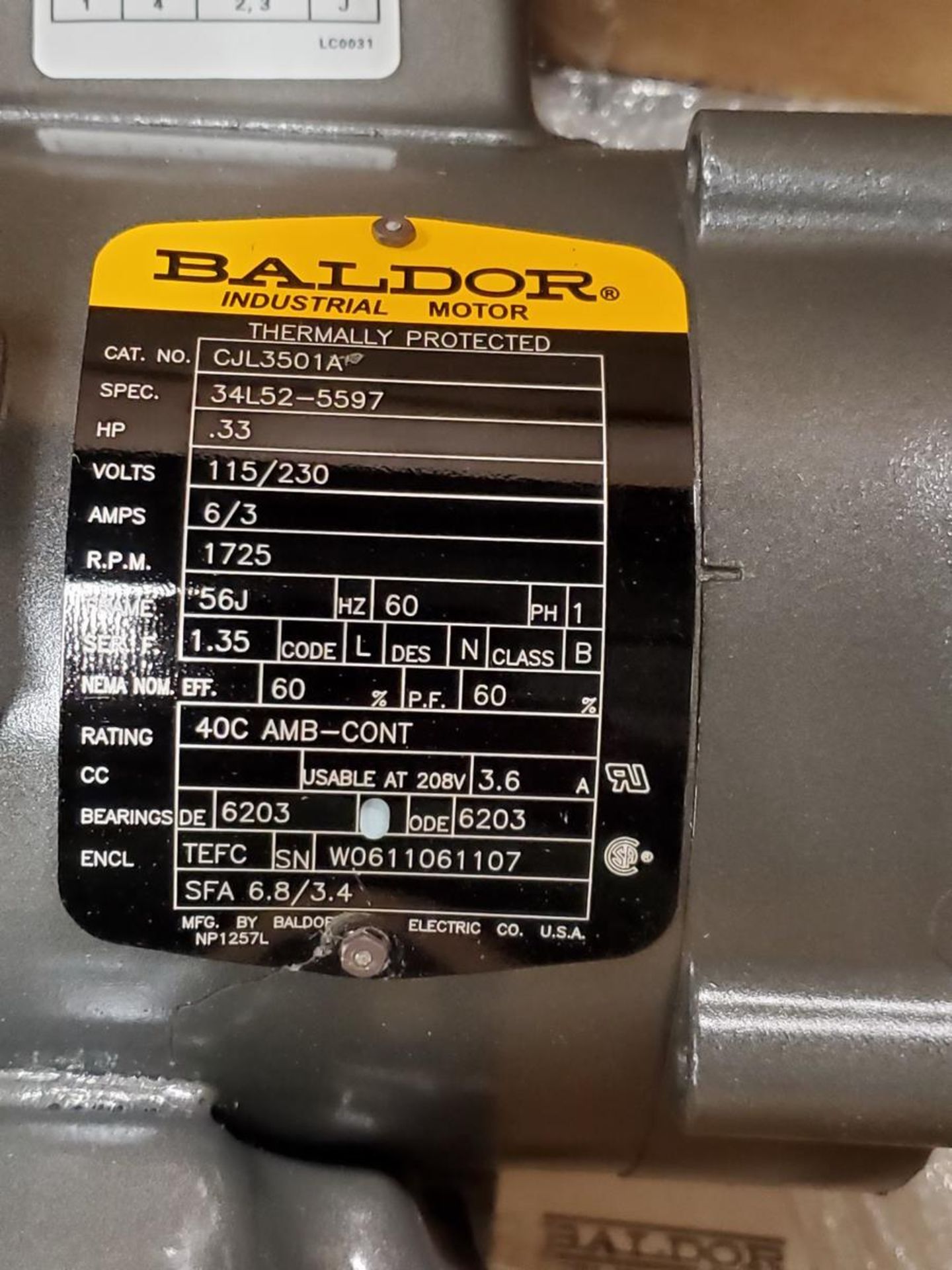 Baldor Motor .33HP, 115/230V, 1725RPM, 60HZ, Frame-56J - Image 6 of 6