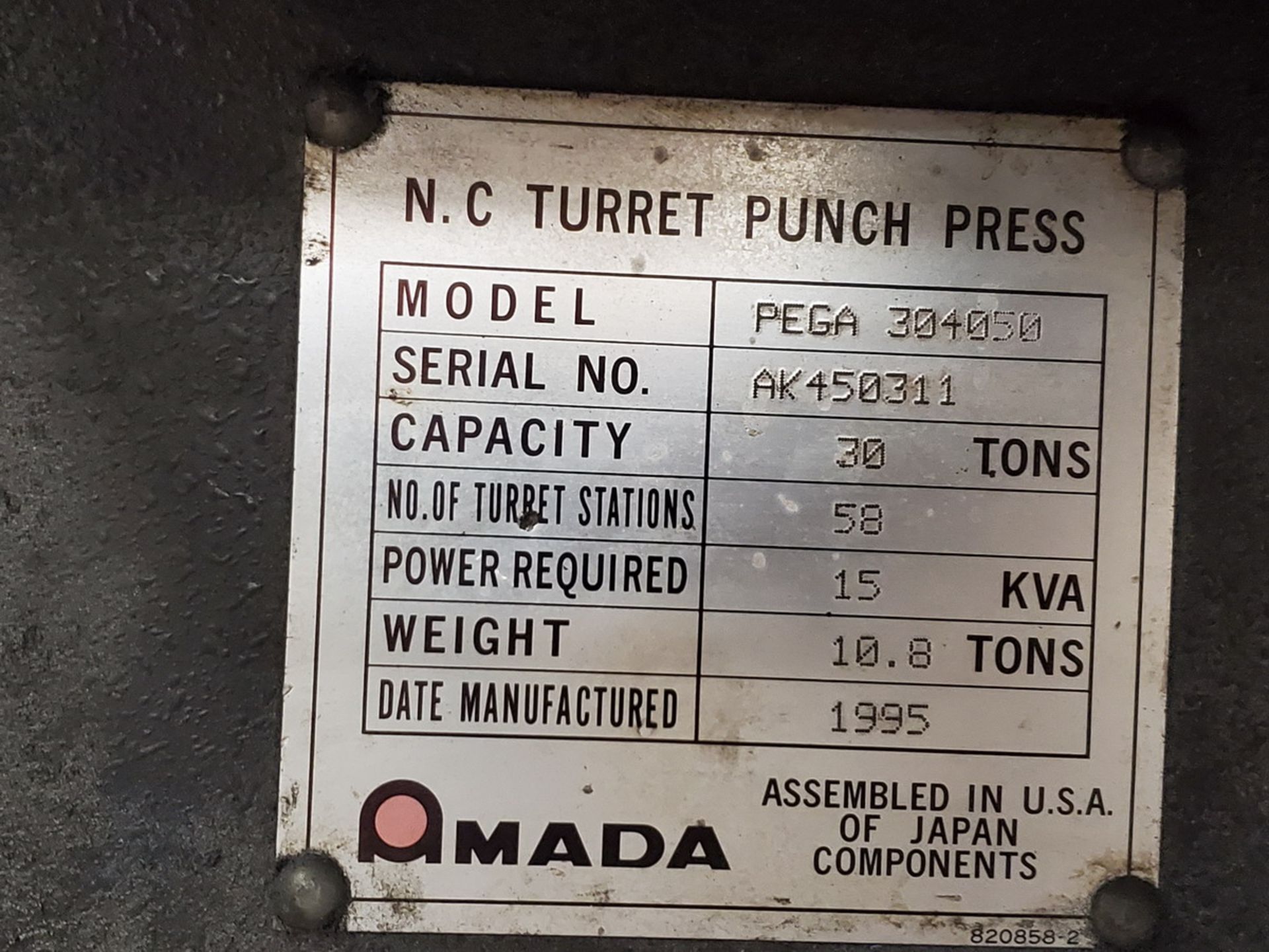 Pega 304050 30 Ton Turret Punch Press 460/230V, 3PH, 60HZ; W/ (2) Aut-Indexes; X-Axis: 50.00, Y- - Image 26 of 26