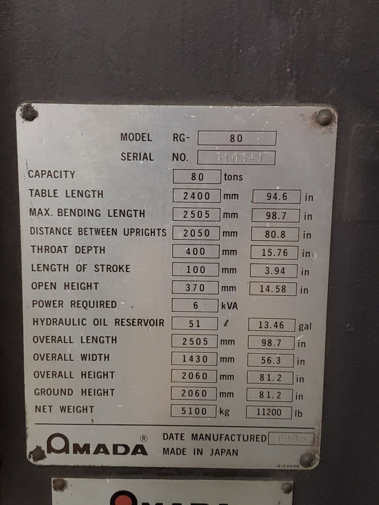 Amada RG-80 80 Ton Press Brake Table L: 94.6"; Throat Depth: 15.76", 98.7 Blade L; W/ NC9-EX - Image 14 of 15