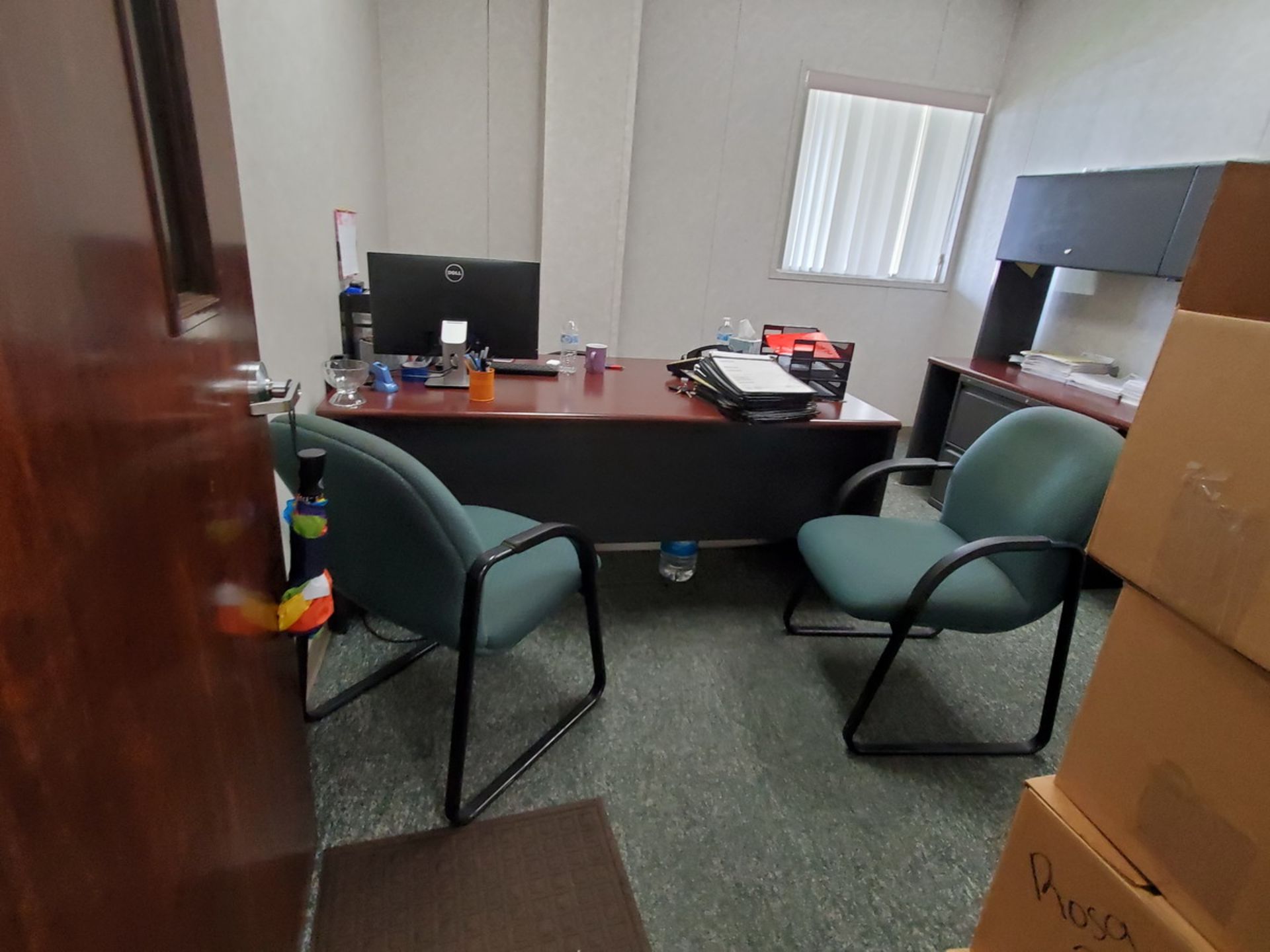 Office Furniture (1) 2-Drawer Wood Desk; 4-Drawer Vertical File Cabinet; (3) 5-Caster Chairs; (2)