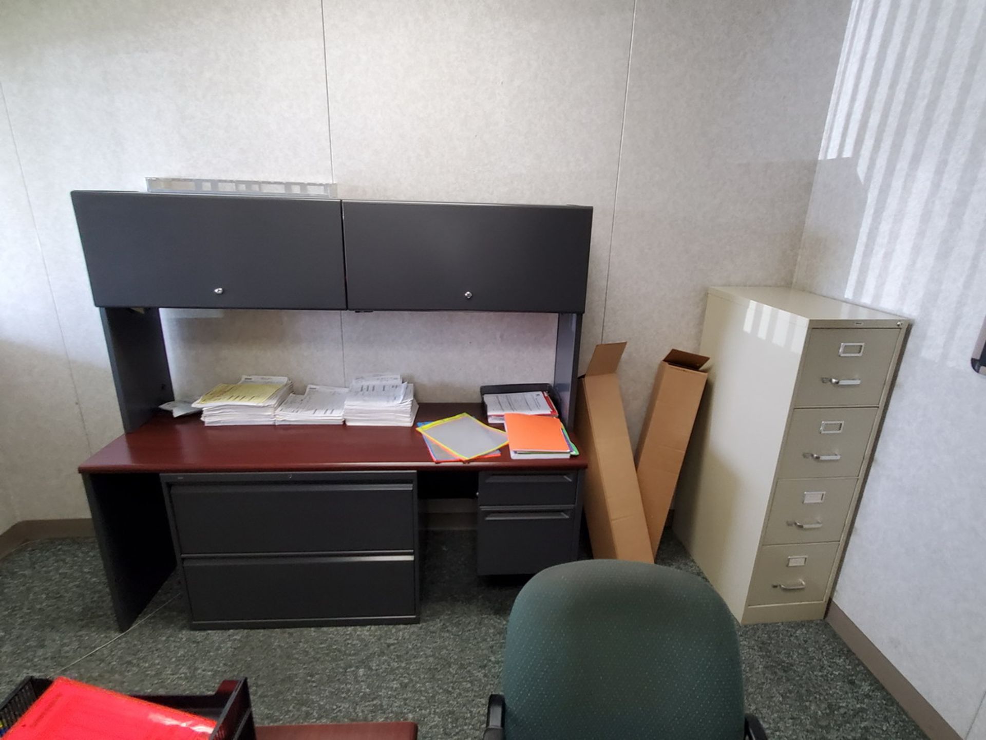 Office Furniture (1) 2-Drawer Wood Desk; 4-Drawer Vertical File Cabinet; (3) 5-Caster Chairs; (2) - Image 2 of 5