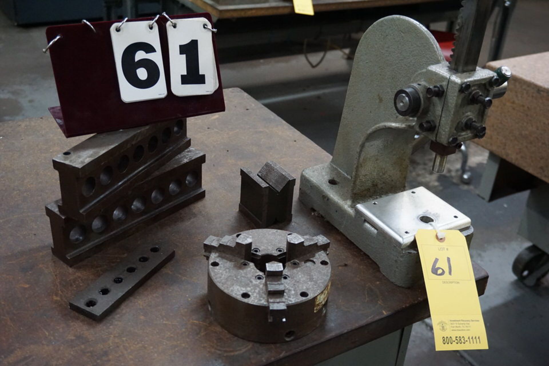 SMALL ARBOR PRESS, 6" 3 JAW CHUCK, PARRALLELES, V-BLOCKS