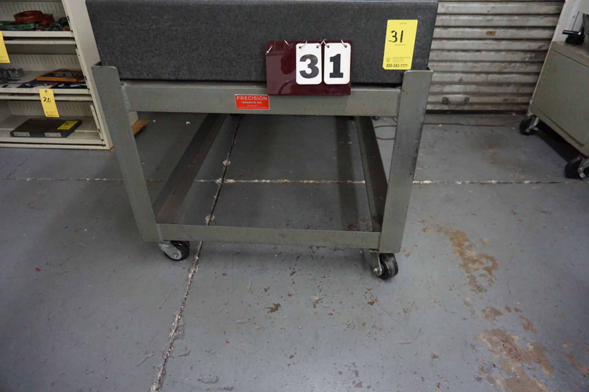 PRECISION BLOCK GRANITE SURFACE PLATE, 8" THICK X 36" X 60" W/ STAND ON CASTERS, NO CONTENTS