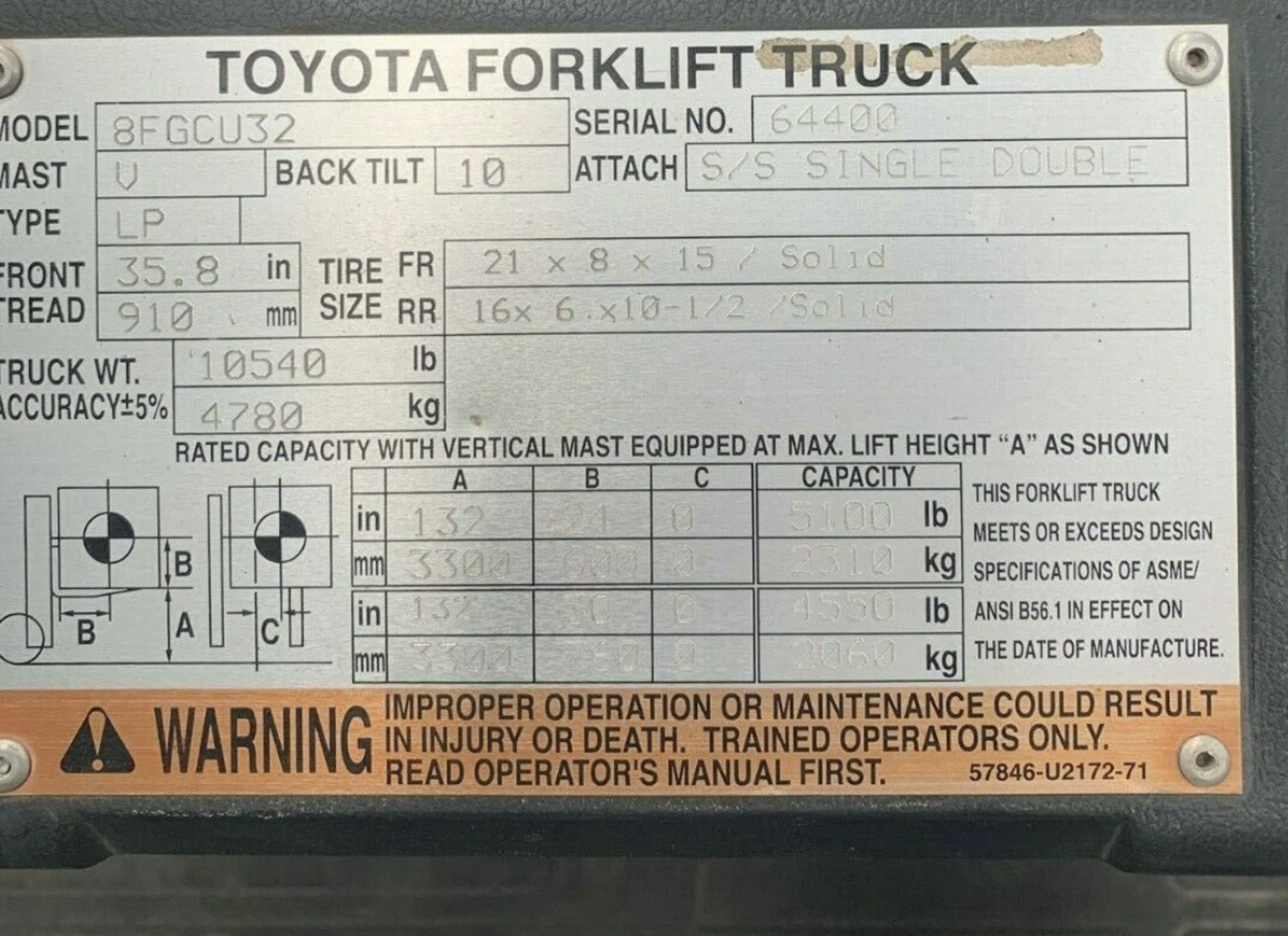 Toyota FGCU32 Foirklift, 5,000 lb Cap, Lift Ht: 132" - Image 6 of 6