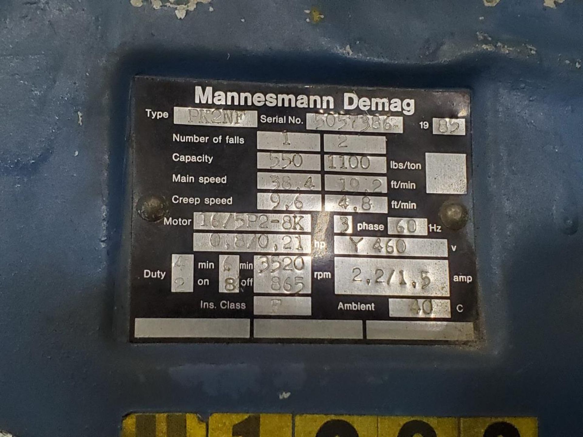 Demag (1) 1/2 Ton Hoist 460-480V, 3PH, 60HZ; W/ (1) 1 Ton Harrington Hoist - Image 9 of 10