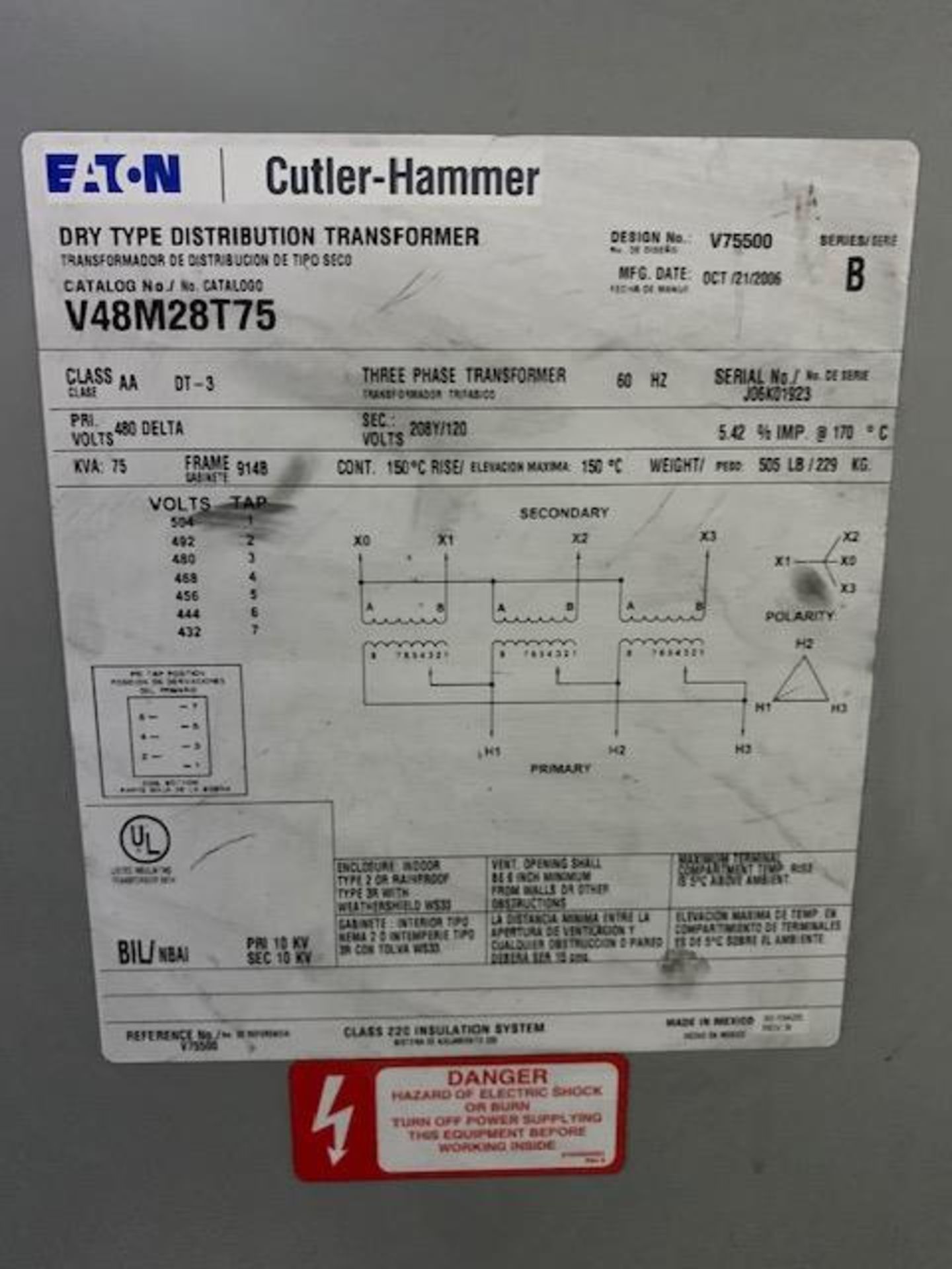 CNC Machine Transformer Eaton 75KVA - Image 3 of 4