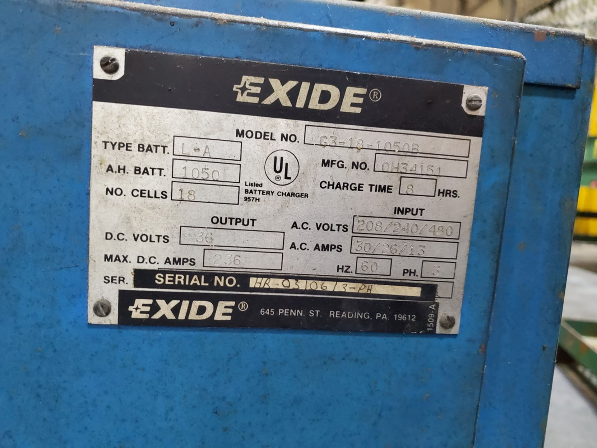Exide Industrial Battery Charger 8hr Charge Time, 208/240/480V, 3PH, 60HZ - Image 6 of 6