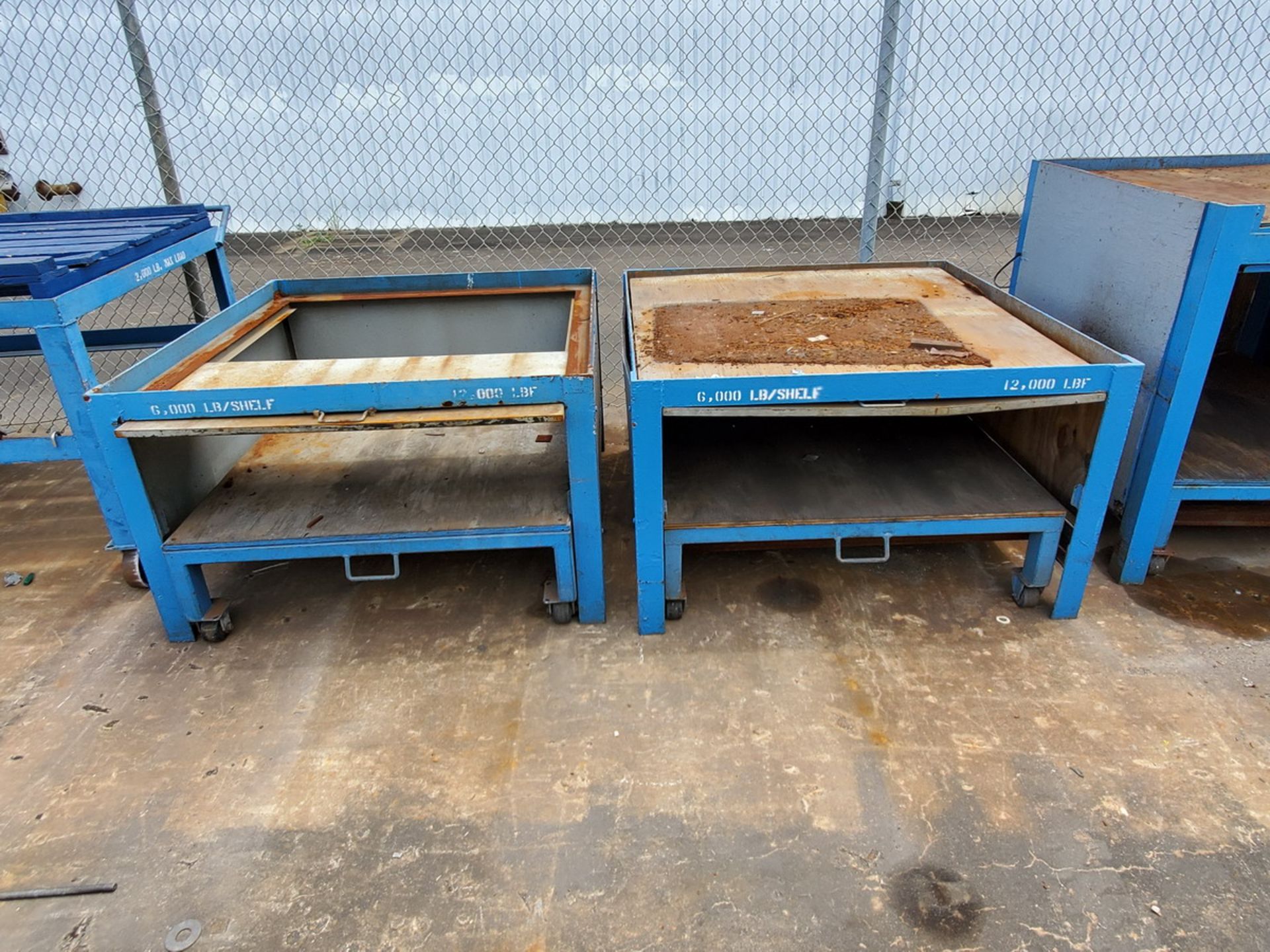 (3) Stl Pallet Tables W/ Rollout Shelving Unit, 12K Cap.; W/ (2) Rolling Matl. Carts, 2K Cap. - Image 4 of 5