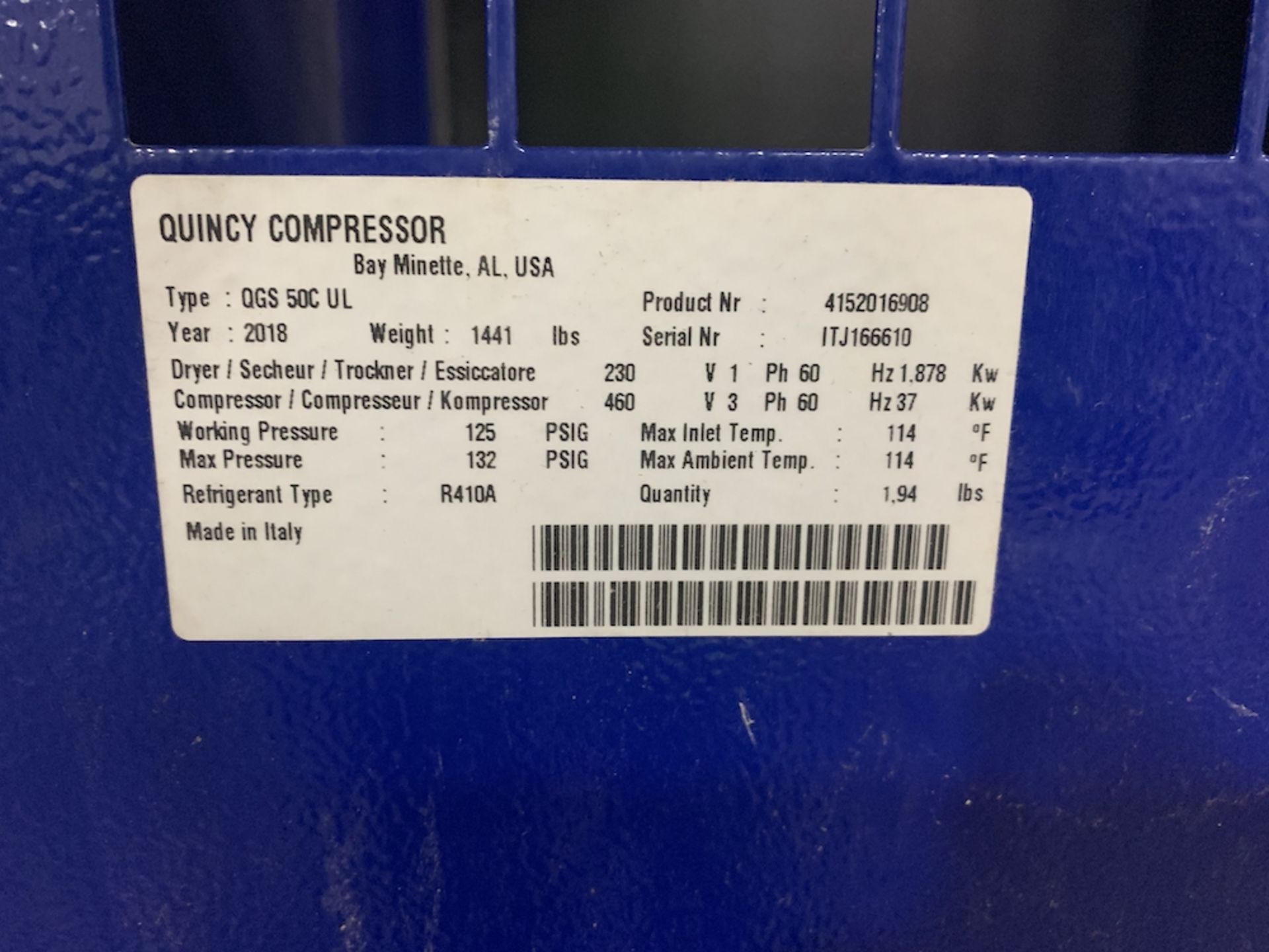 2018 Quincy Air Compressor - Image 2 of 2