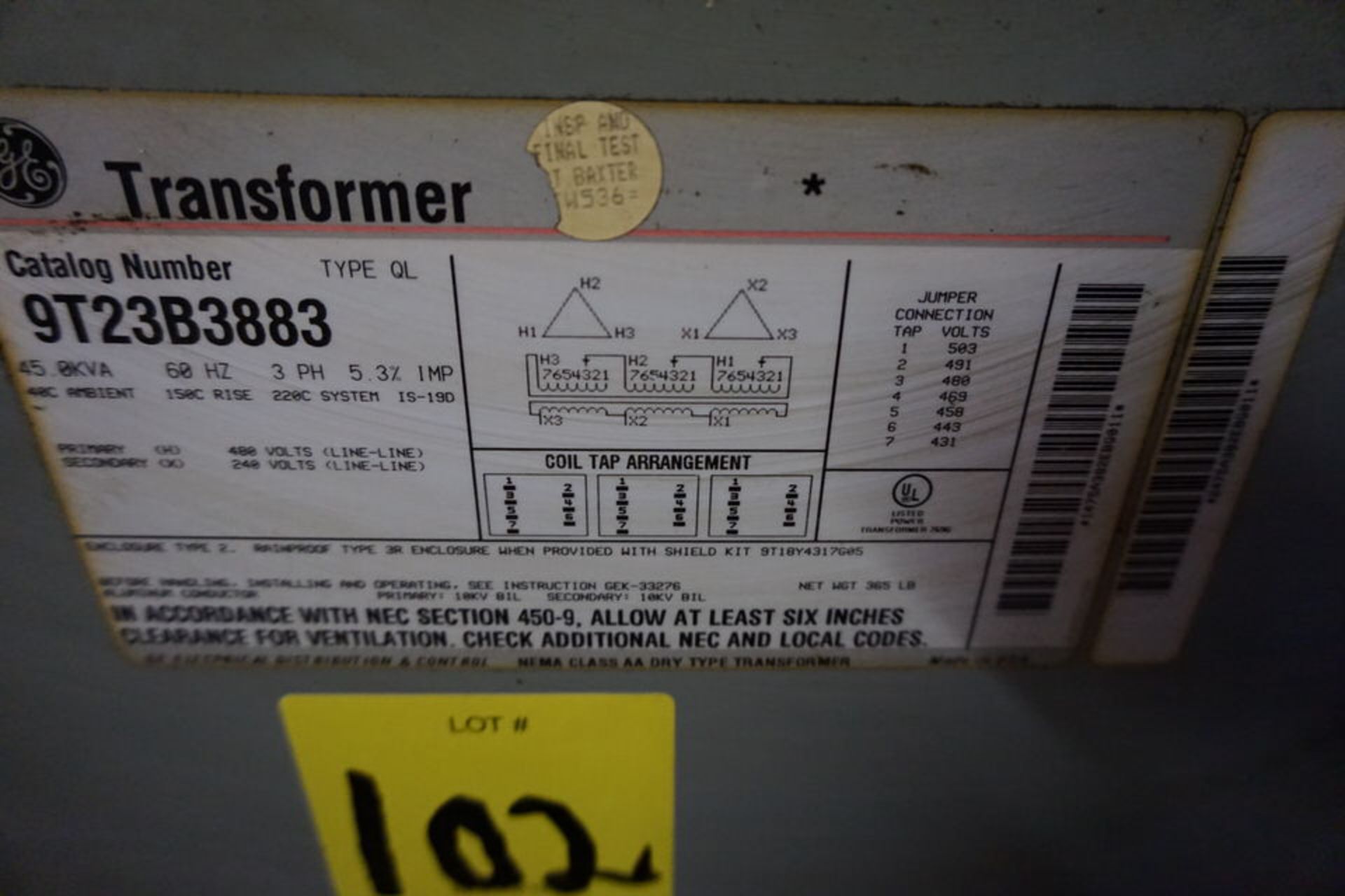 GE TRANSFORMER, 45 KVA, TYPE OL, 60 HX, 3PH - Image 2 of 2