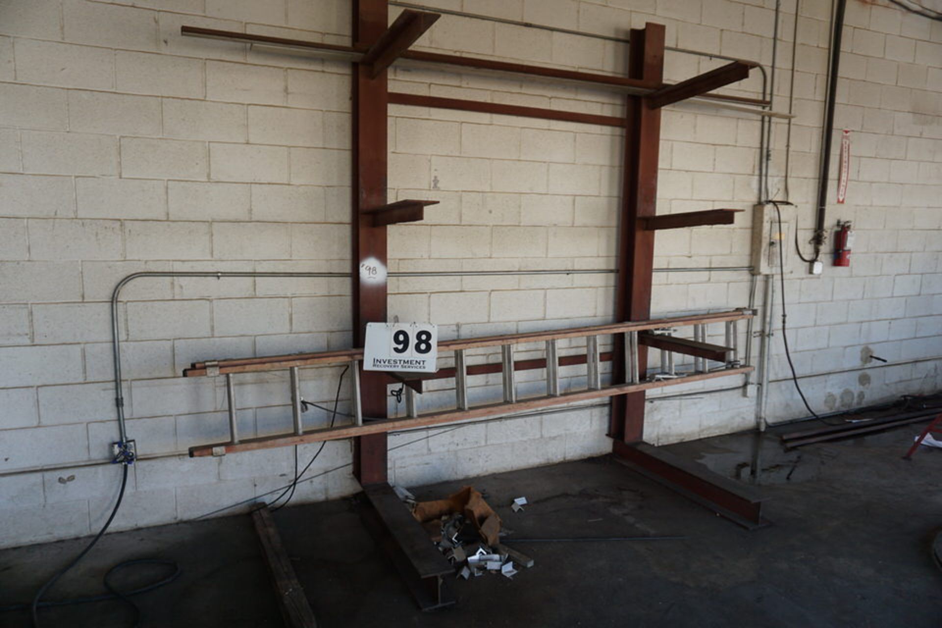 HEAVY DUTY SHOP BUILT MATERIAL RACK: 78"W X 9'TALL W/ 30" ARMS, ONE SIDED, (NO CONTENTS)