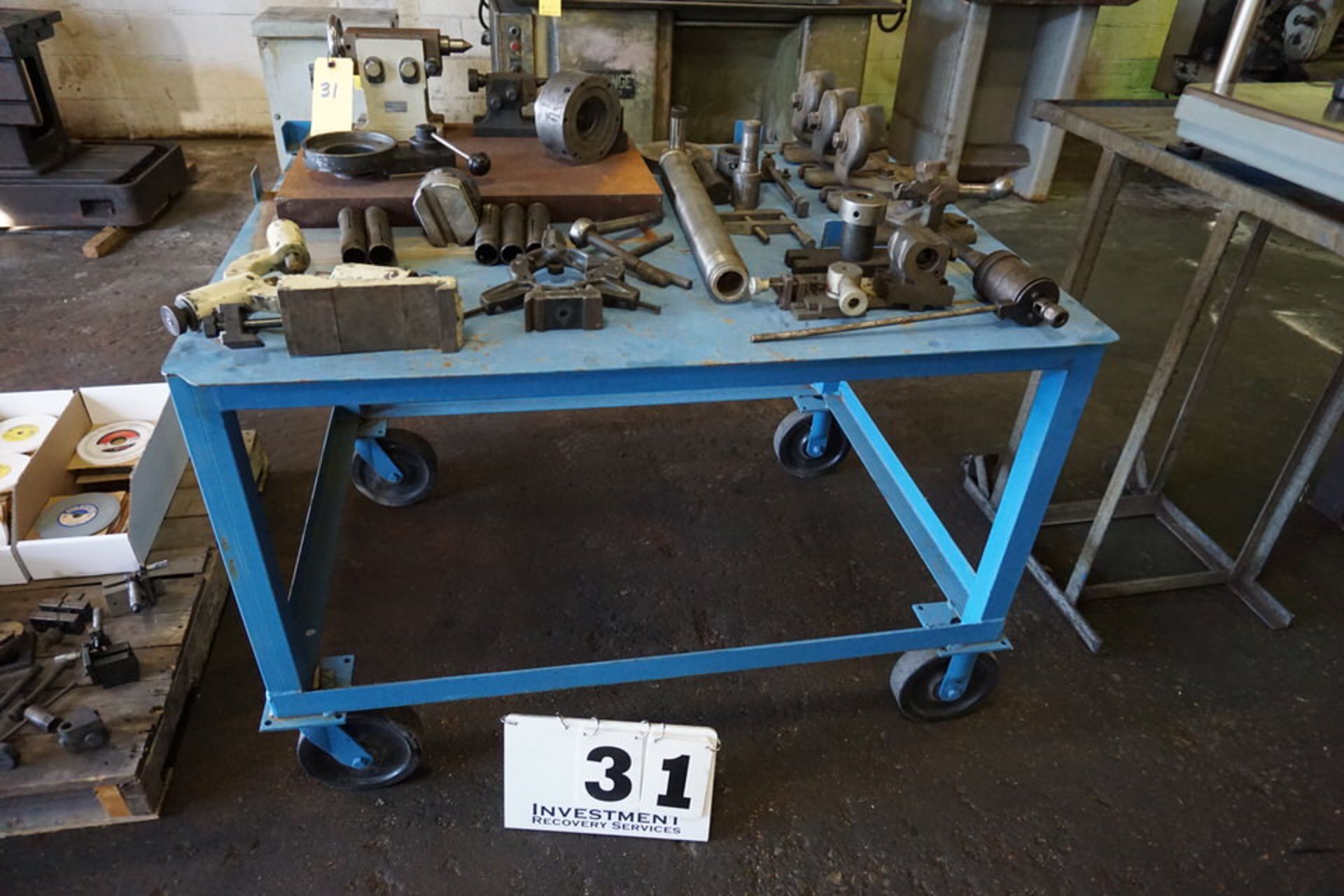 STEEL TABLE W/ CONT: TAILSTOCK, FOLLOW REST,BORING HEAD, MISC AS SHOWN