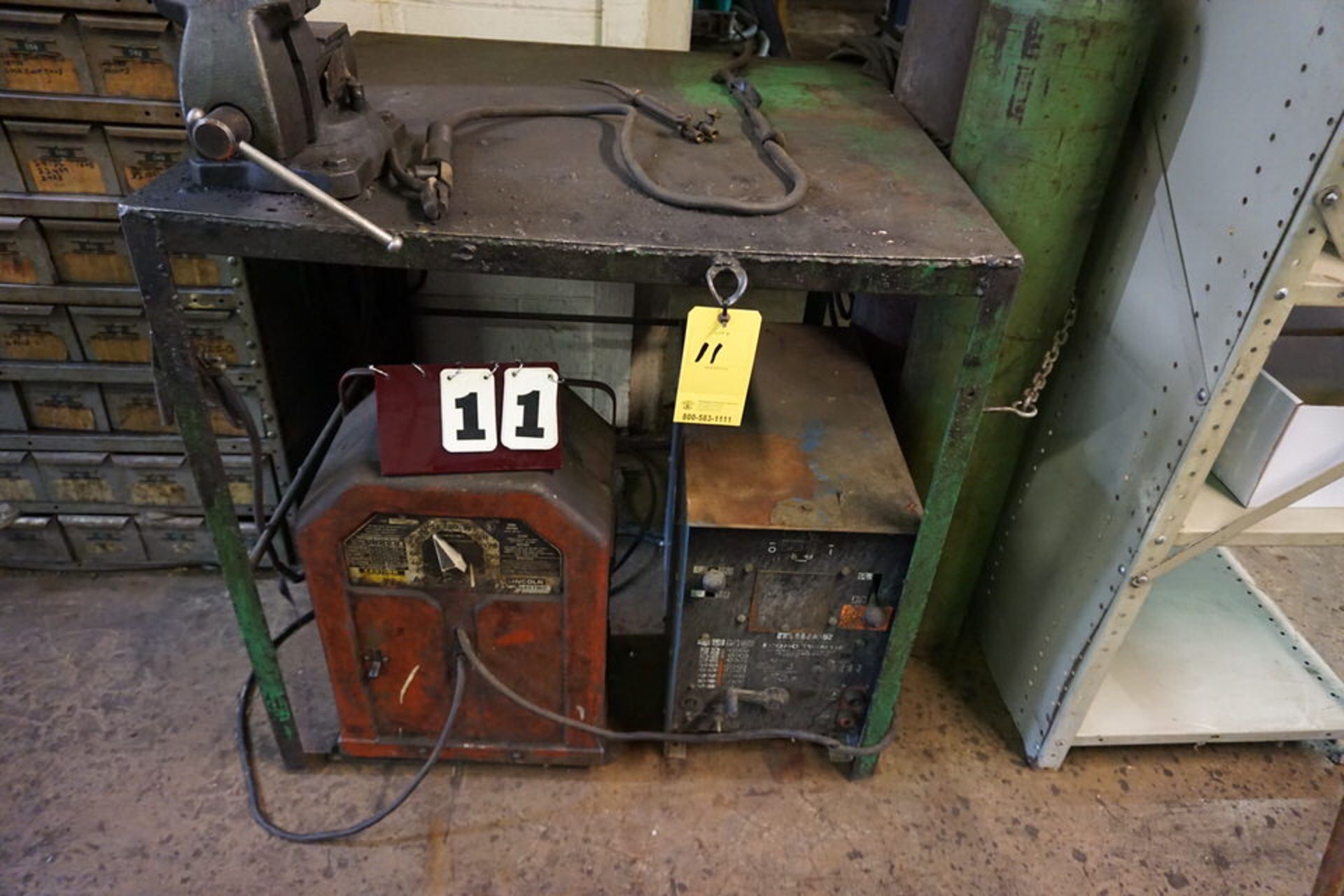 WELDING TABLE, 3' X 3' W/ 4" VISE, (2) ARC WELDERS, (2) GAS BOTTLES