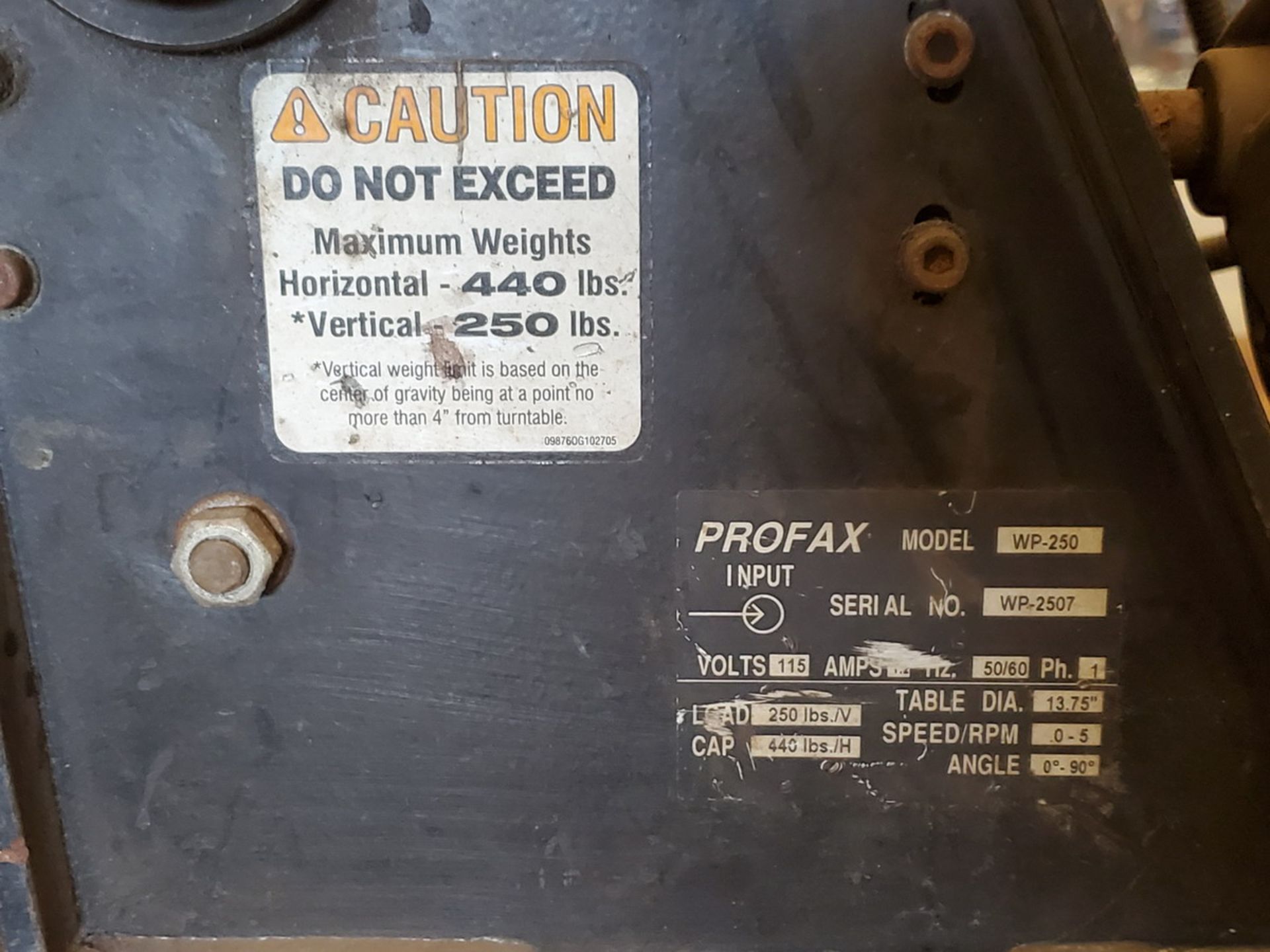 Profax WP-250 Positioner Cap: 440lbs, 0-5RPM, 50/60HZ, 115V, 1PH, Positioner Table Dims: 13.75"; - Image 6 of 7