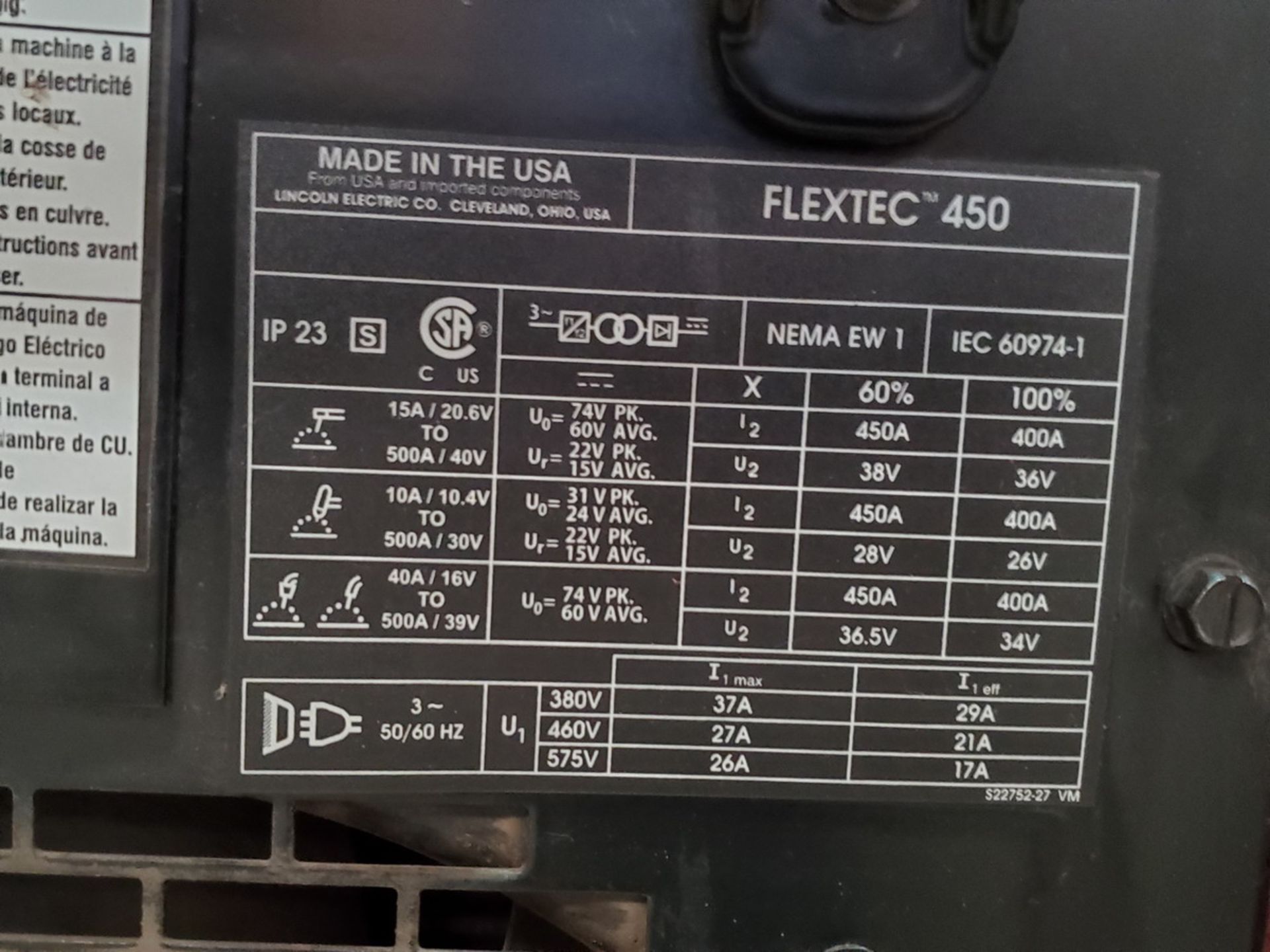 LE Flextec 450 Multi-Processing Welder 380/460/575V, 450A, 3PH, 50/60HZ; W/ DH-10 Wire Feeder ( - Image 6 of 6