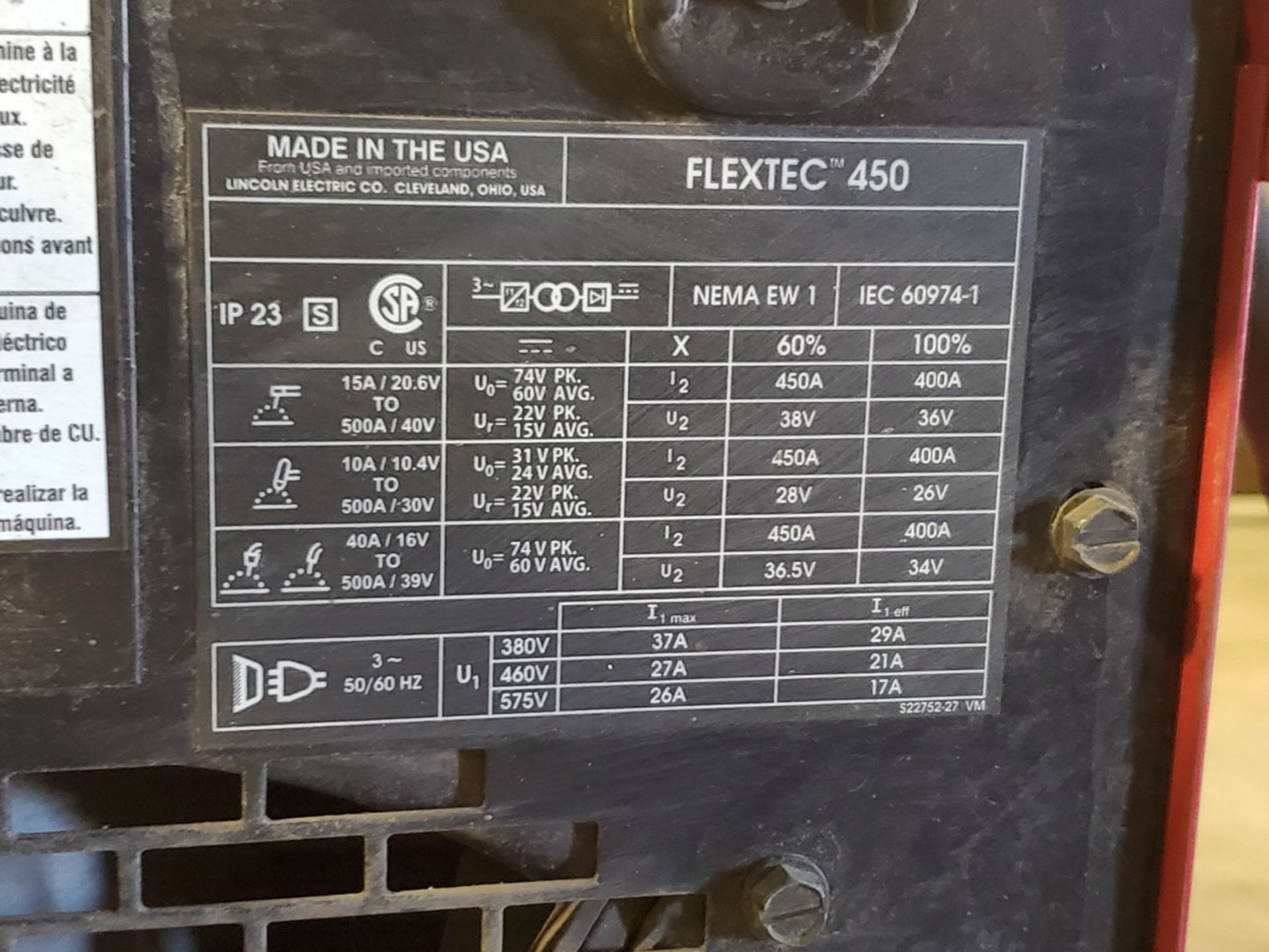 LE Flextec 450 Multi-Processing Welder 380/460/575V, 450A, 3PH, 50/60HZ; W/ DH-10 Wire Feeder (Bldg. - Image 3 of 3