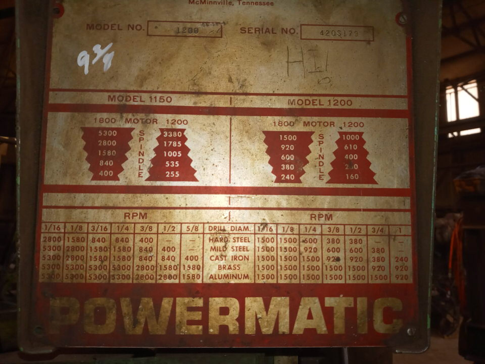 POWERMATIC MODEL # 1200 DRILL PRESS ON STAND - Image 2 of 2