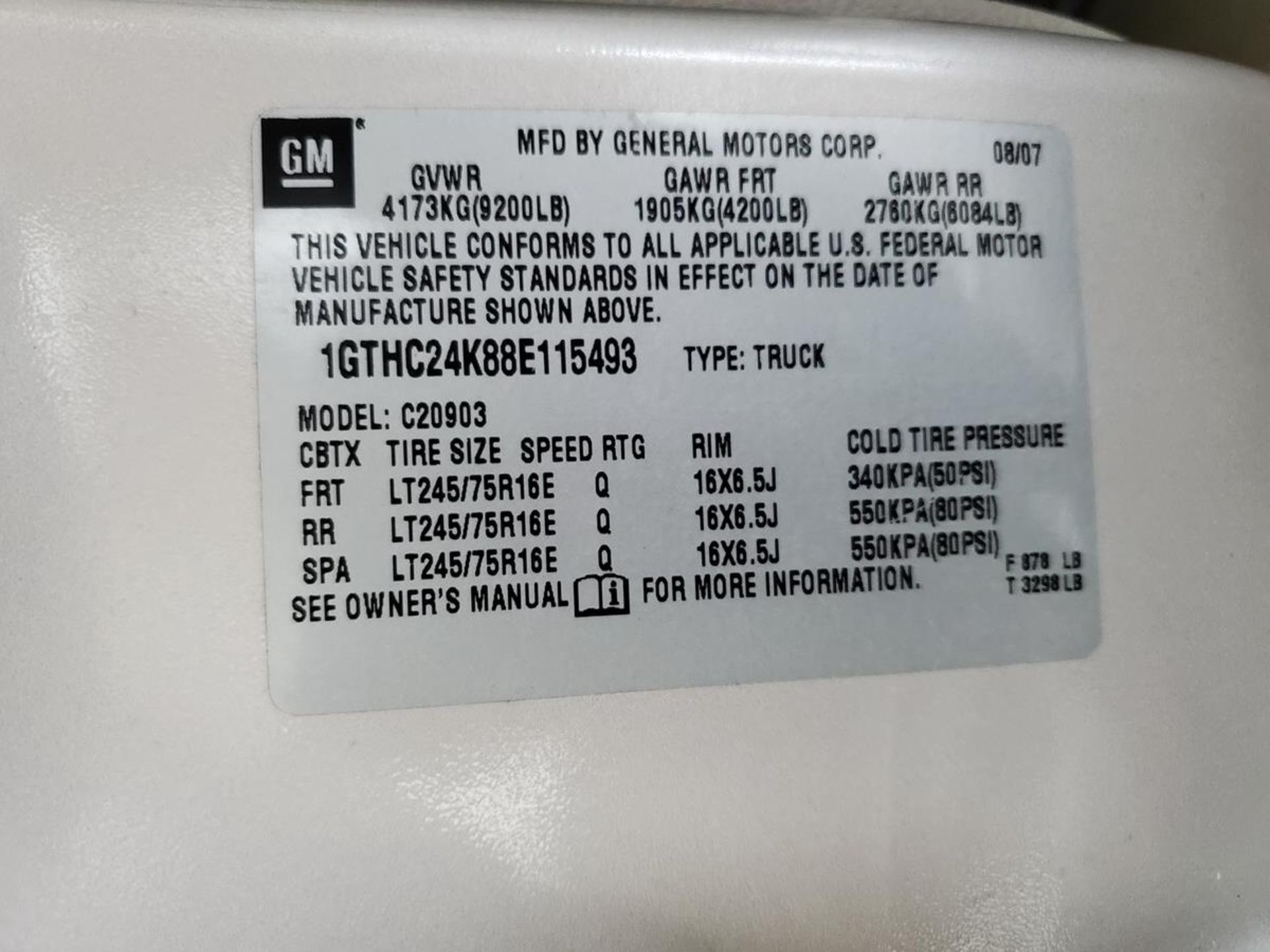 2007 GMC 2500 HD Truck Mileage: 56, 409; Vin: 1GTHC24K88E115493; 6.0 Engine; TX Plate: CRL-7506 - Image 15 of 15