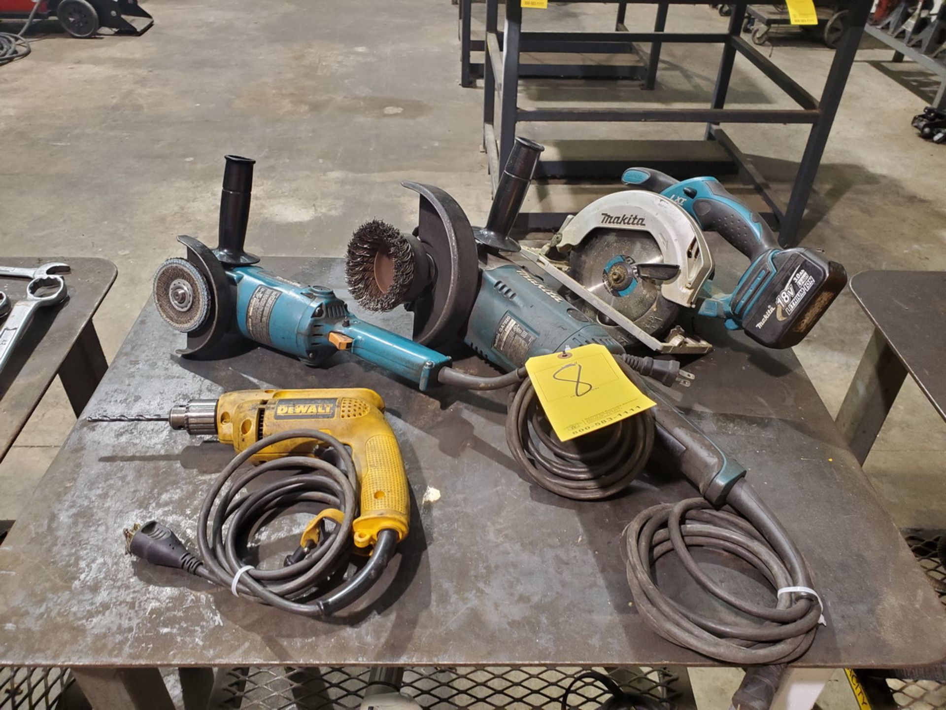 Assorted Powered Tools 3/8" Dewalt Drill; 5" & 7" Makita Grinders; 6-1/2" Makita Cut-Off Saw