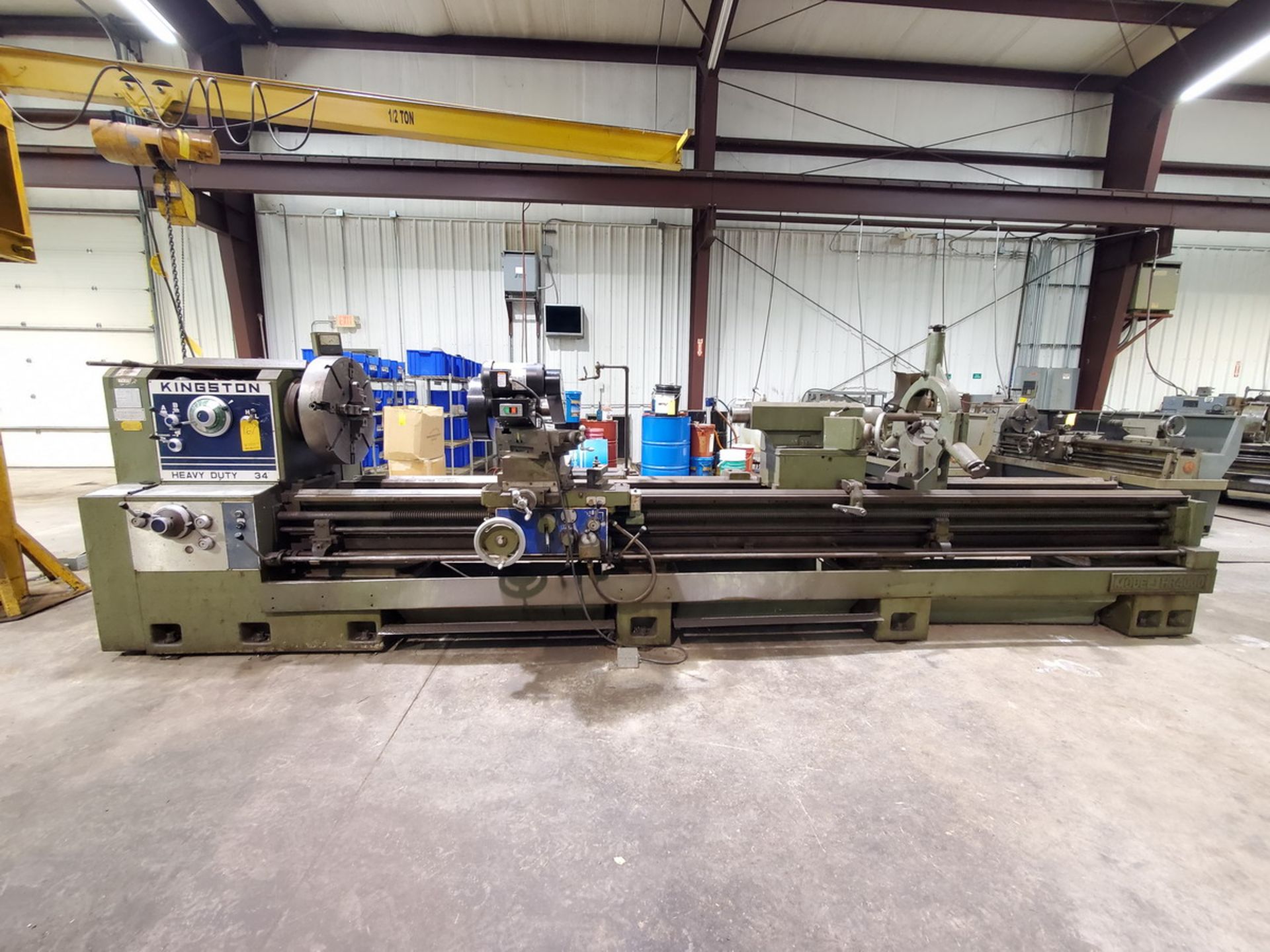 Kingston HR4000 34" Lathe 220/440V, 20HP Motor, 60HZ, W/ Tailstock, Steadyrest, 13"I.D, 4-Jaw Chuck,