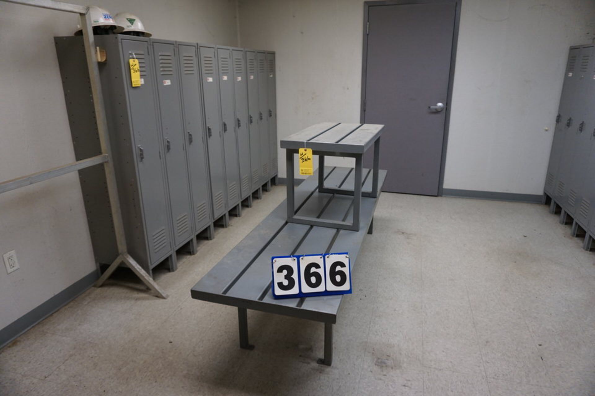 Cont of Employee Locker Room, (24) Single Door Lockers, (2) Benches, Rain Gear