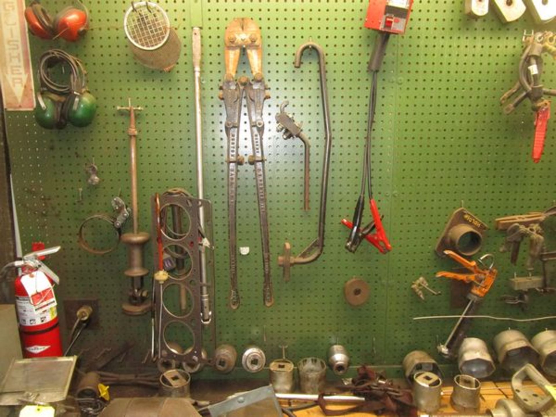 LOT Come-along, Battery Tester, Ring Compressors, Snap Puller, 3/4" Breaker Bar, Etc. on Peg Board - Image 3 of 3