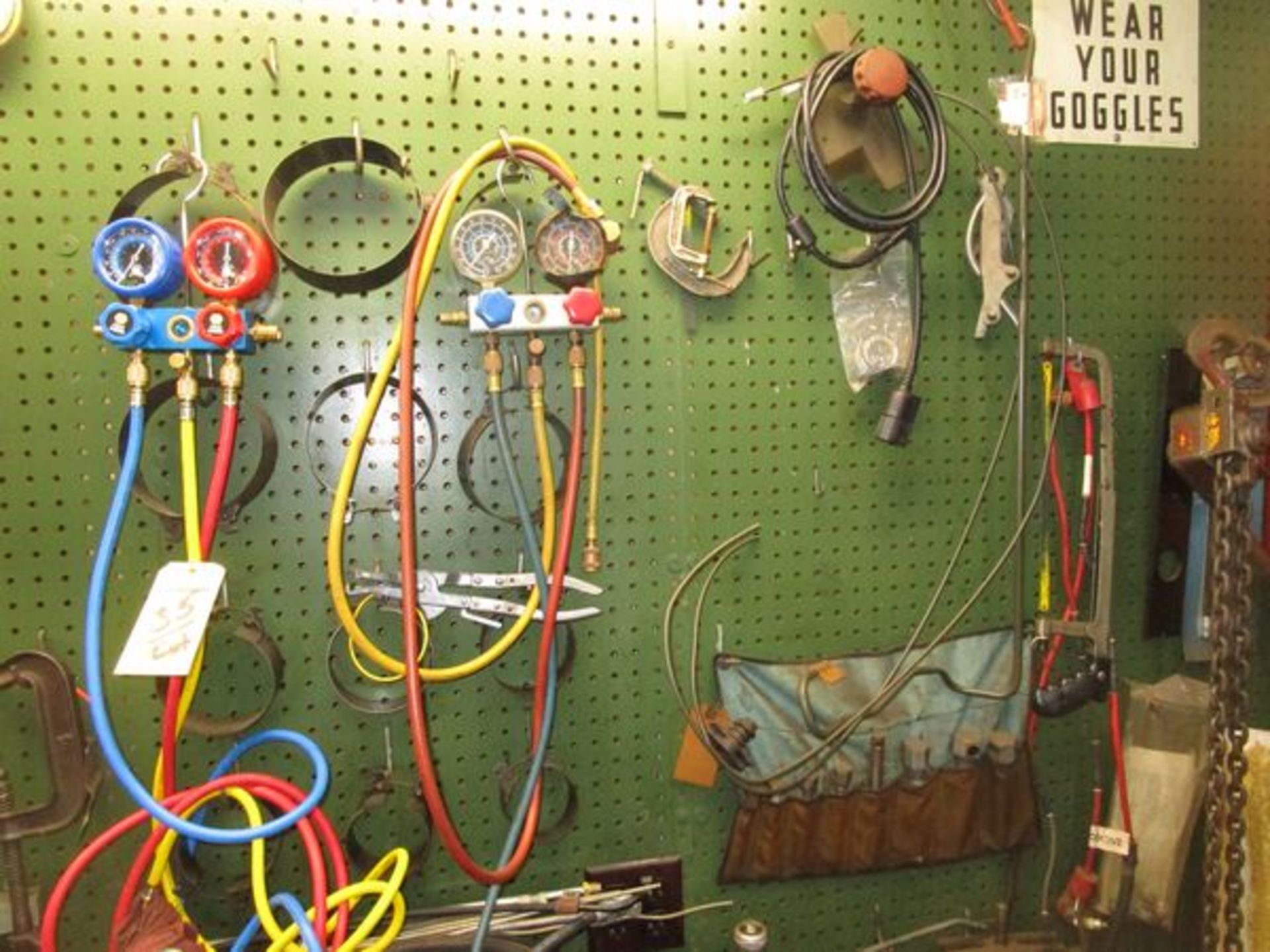 LOT Come-along, Battery Tester, Ring Compressors, Snap Puller, 3/4" Breaker Bar, Etc. on Peg Board - Image 2 of 3