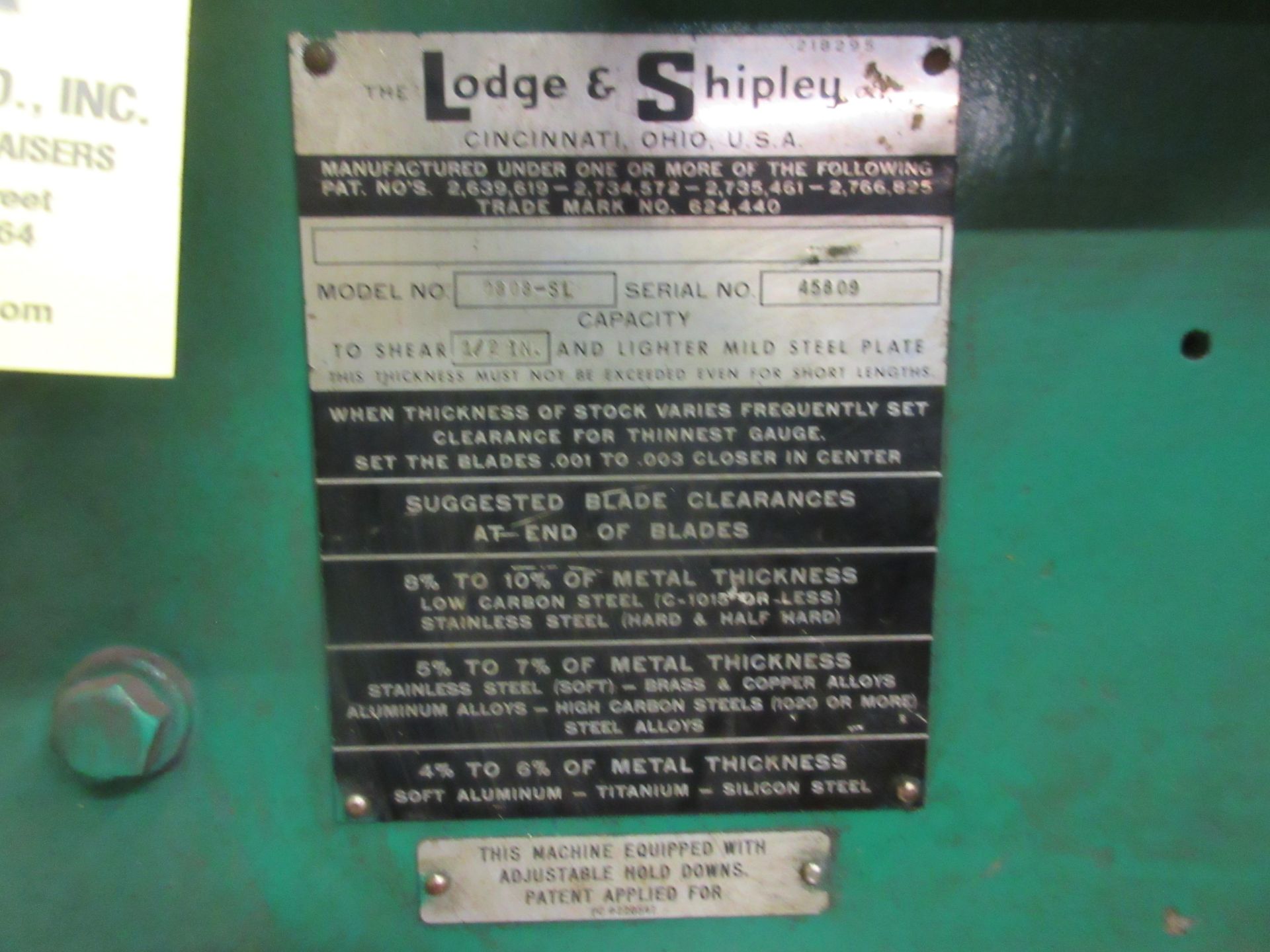 (1) Lodge & Shipley 0808-SL Power Shear s/n 45809, 8’ x ½” Capacity - Image 2 of 4