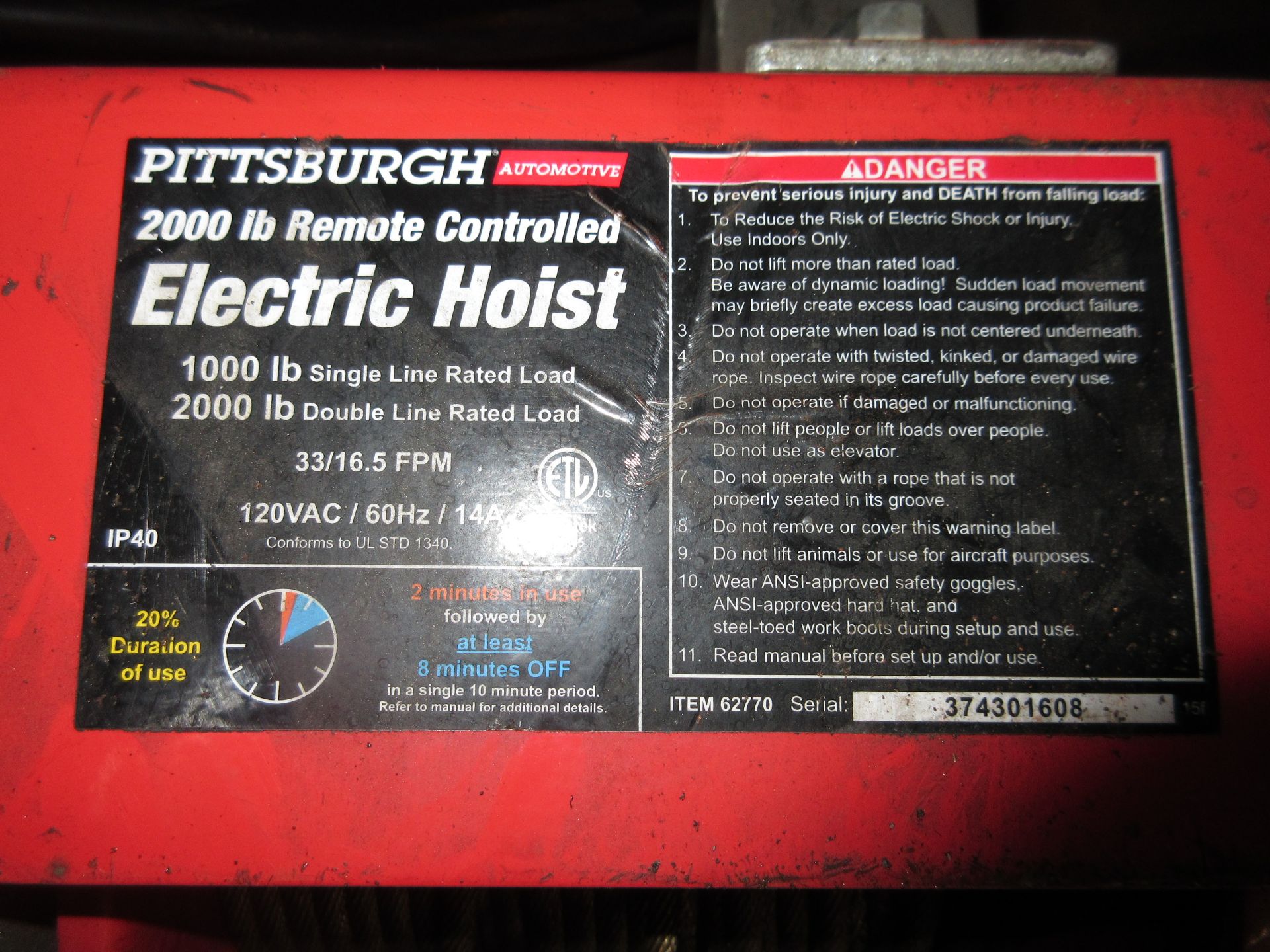 (1) Pittsburgh 2000 K. Remote Control Electric Hoist - Image 2 of 2