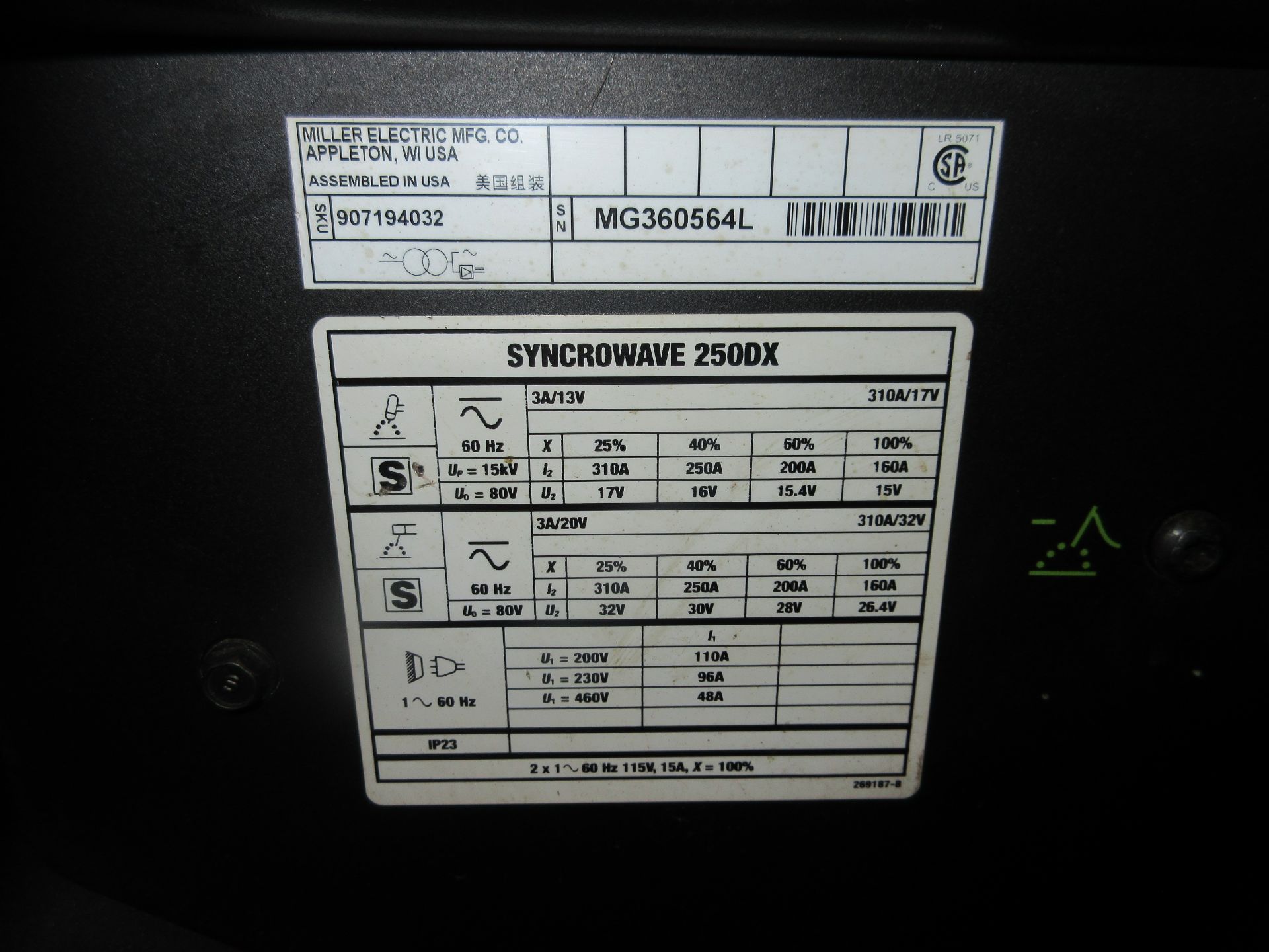 (1) Miller Syncrowave 250DX Welder s/n MG360564L, Port., Foot Control - Image 3 of 4