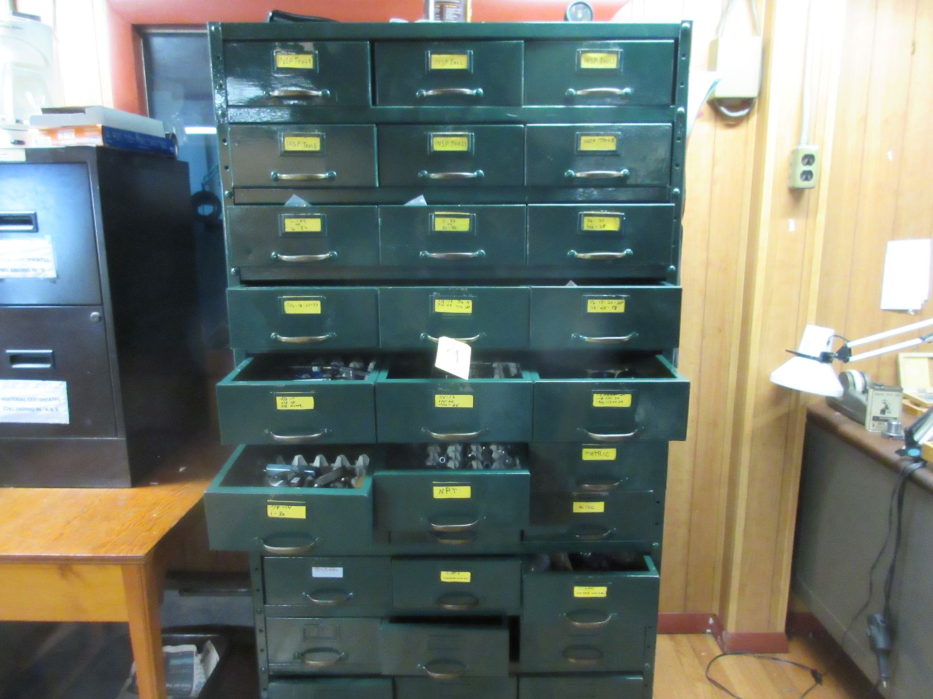 LOT 30-Drawer Parts Cabinet w/ Asst. Round Gages, Plug Gages, Hardware