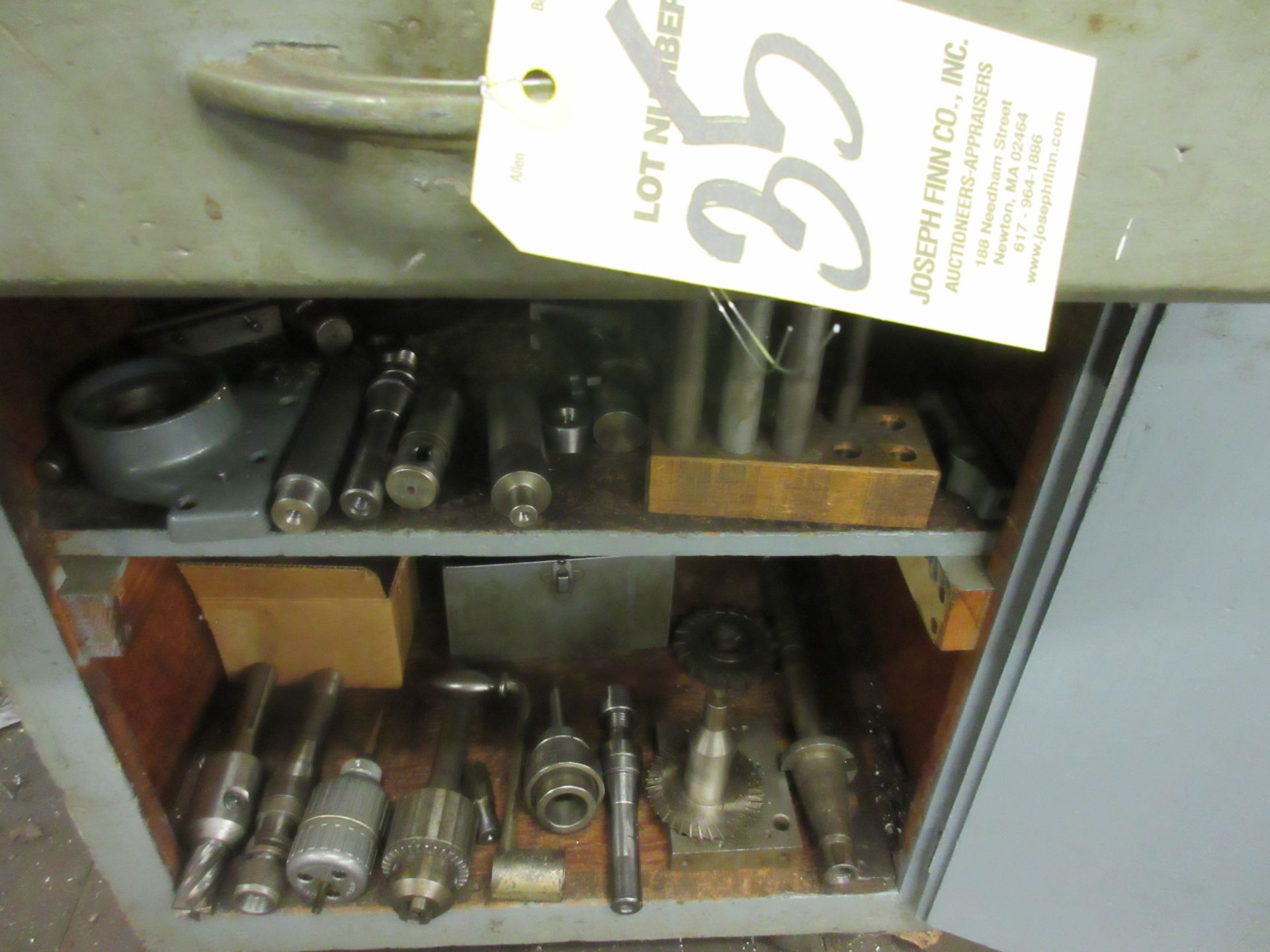 (1) Troyke B412, 12" Rotary Table, 12" Plate, Cutters, Tool Holders, Chucks, w/ Port. Wood Cabinet - Image 3 of 3