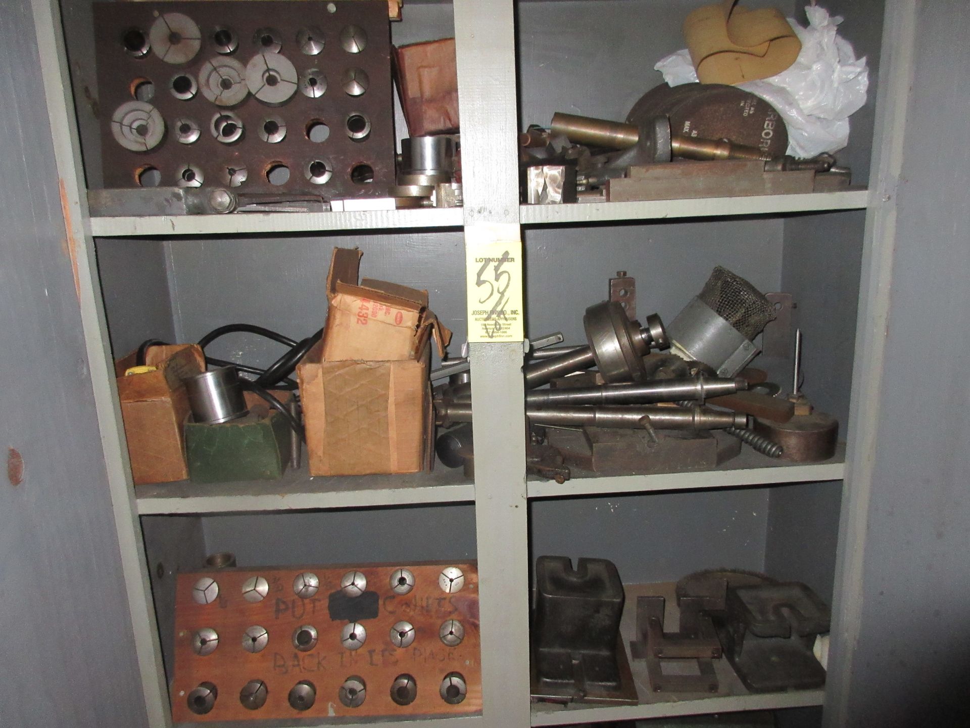 LOT Asst. Collets, Tooling, Motor Drive in Cabinet